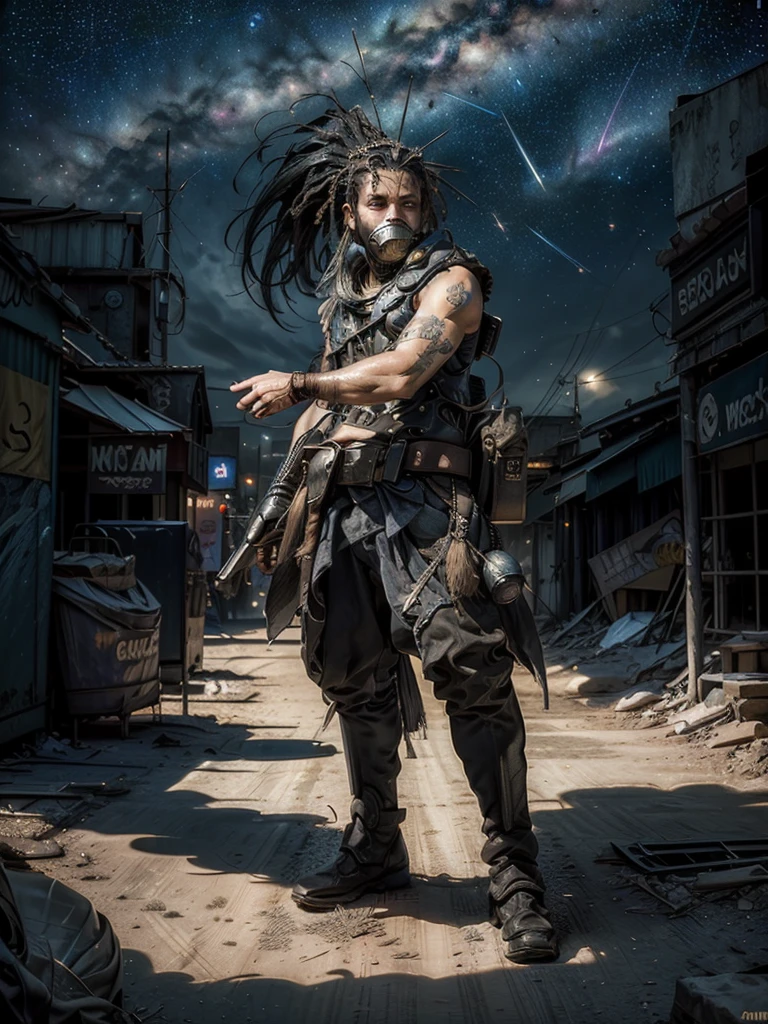 entire shot: 1.3, masterpiece, ((handsome man: 1.5, very detailed and beautiful, dynamic pose: 1.5)), ((apocalyptic city with a night and starry sky: 1.5)),(( full of stars and galaxies: 1.5)), very beautiful digital art, digital art. highly detailed and highly detailed magical fantasy, colorful digital fantasy art, highly detailed digital art, beautiful and gorgeous digital art, highly detailed digital painting, 32k