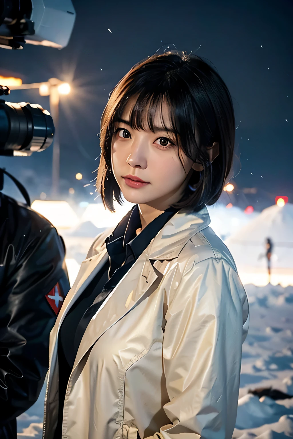 ring world,SF,sci-fi movie,artillery,long range missile,Based on film foundation ,woman,adult,main character,2,hopeful face,brown eyes,short hairstyle,white gray on black hair,scientist uniform,white researcher coat,open meadow,traitor,chaosとしました,future world,socialist world,snow,chaos