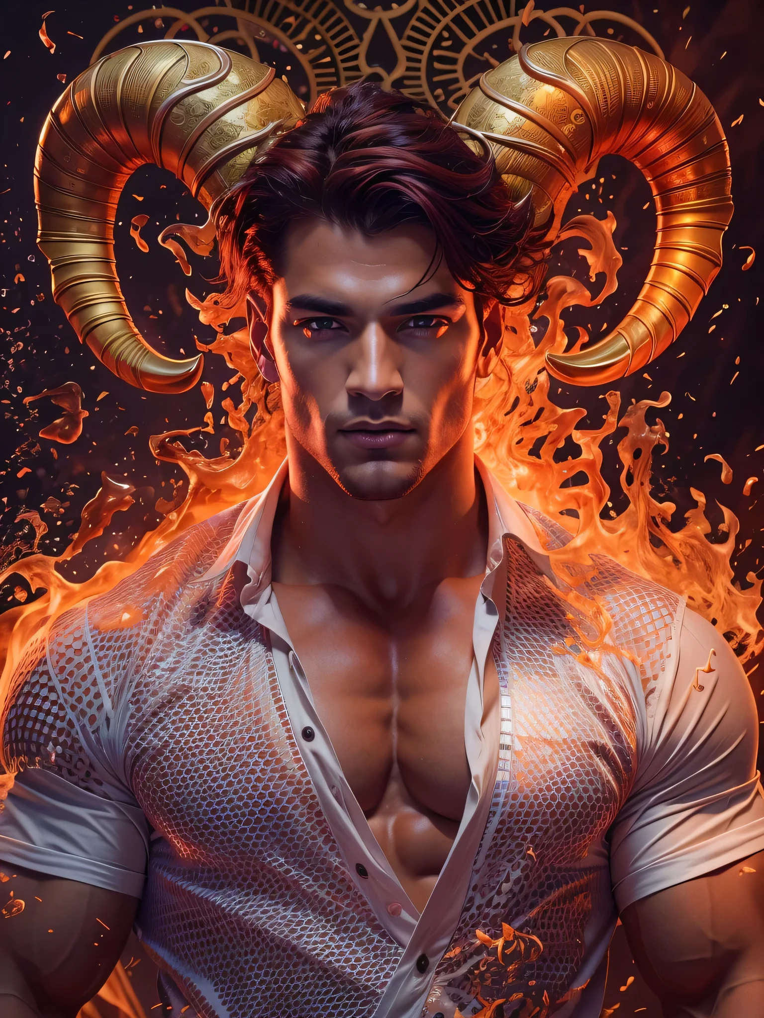 (best quality,4k,8k,highres,masterpiece:1.2), ultra-detailed, (realistic,photorealistic,photo-realistic:1.37), dynamic flames, celestial elements, sexy male model:1.1, personification of zodiac sign Aries, bold and confident traits of Aries, ram horns on head, strong muscular build, intense gaze, fierce expression, charismatic aura, fiery red hair, chiseled features, sculpted abs, perfect physique, stylish attire, alluring charm, seductive smile, radiating confidence, striking pose, passionate energy, dramatic lighting, intense shadows, ethereal glow, vibrant colors, powerful presence