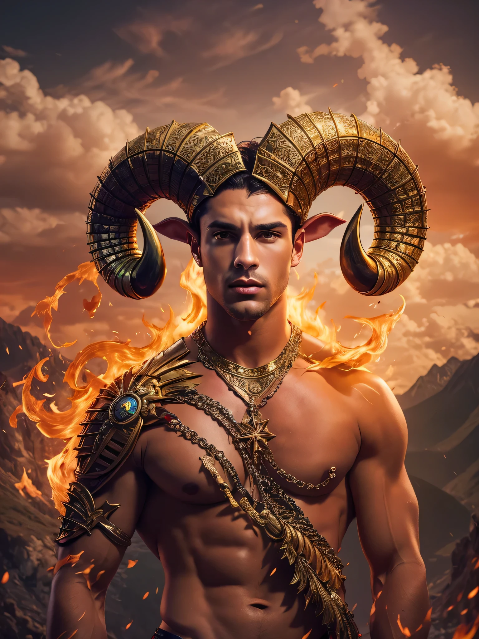 A photorealistic image featuring a sexy male model embodying the bold and confident traits of Aries, personification of the Aries zodiac sign, ram horns on head, set against a backdrop of dynamic flames and mountains and celestial elements.