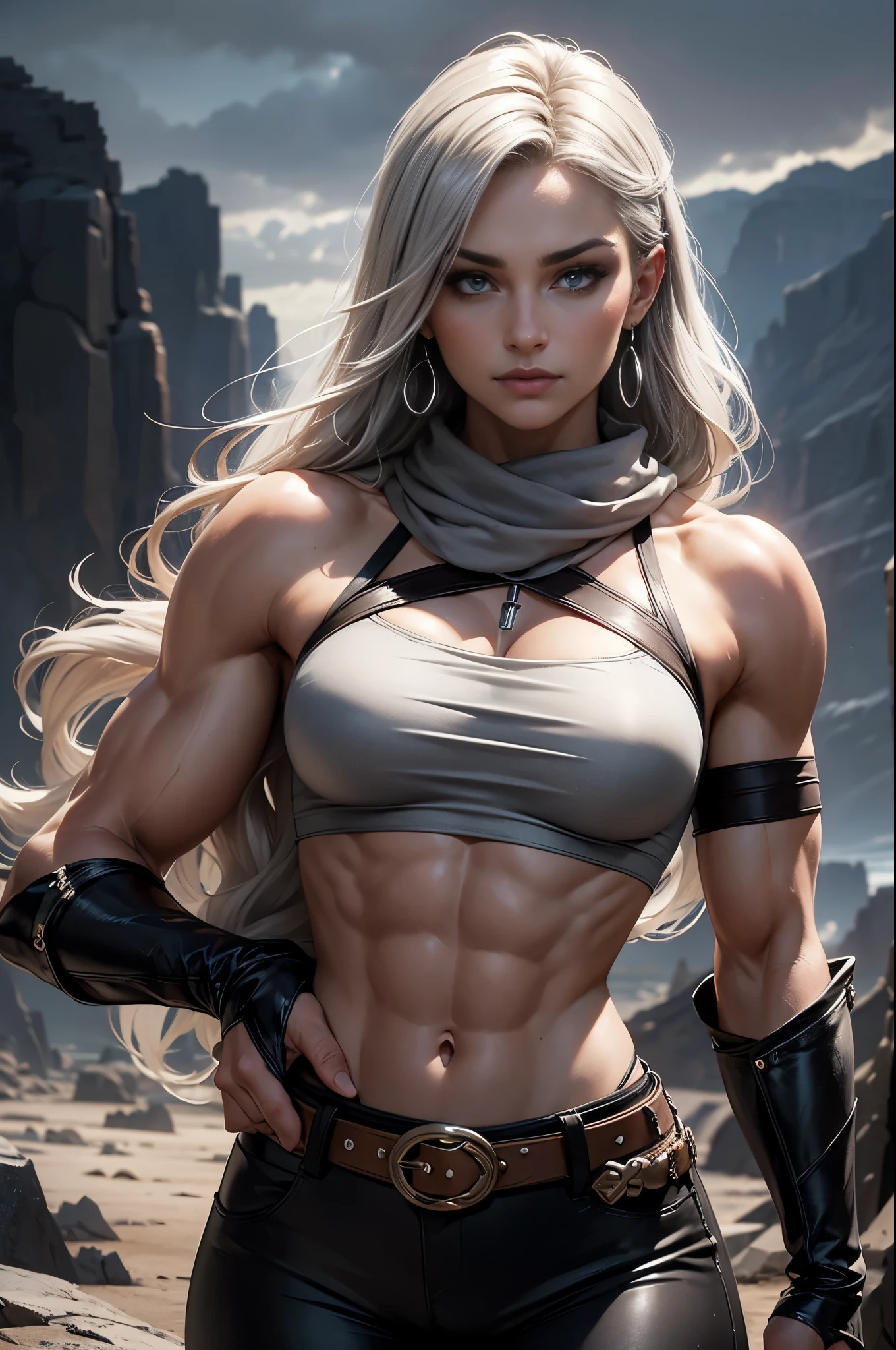 a gorgeous female warrior, mature, small smirk, smirk, muscular, silver blonde hair, long hair, wavy hair, (biceps, triceps, six pack abs), (narrow waist, wide shoulders, narrow hips), slim,  ((statuesque, towering, tall, imposing)), (defined muscles, strong muscles), off shoulder, (silver crop top, crop top, sleeves), huge breasts, earrings, jewelry, necklace, make up, long eyelashes, perfect eyes, perfect mouth, perfect face, light grey eyes, piercing gaze, gorgeous eyes, belt, crop top, (scarf), leather pants, tattoo on shoulder, perfect fingers, long fingers, no extra digits, long nails, (desolate land in the background, outdoors, at night, rocky landscape, wind,), at night, (hands on butt)