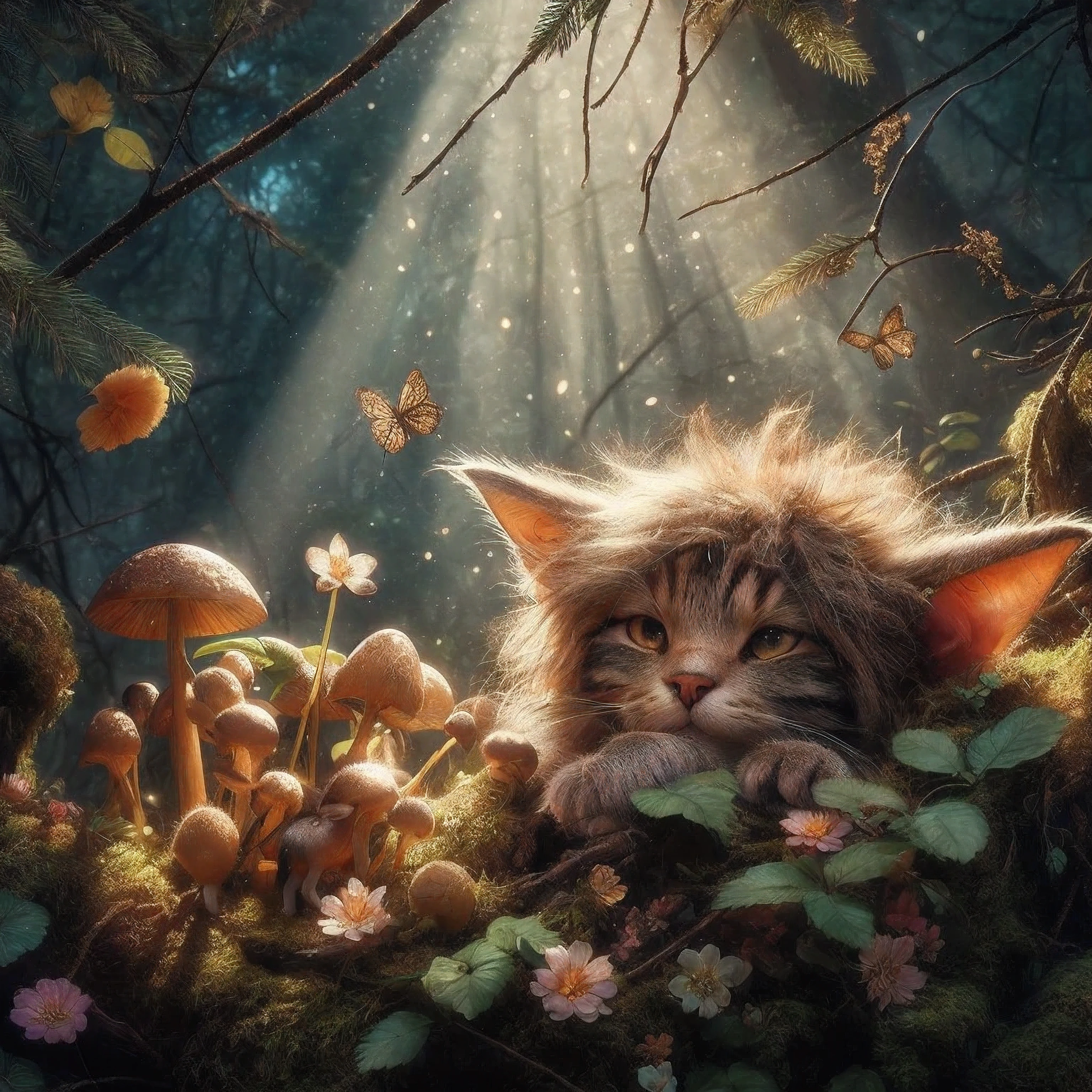 there is a cat that is laying down in the grass, fantasy matte painting，cute, hyperrealistic fantasy art, cat in the forest, 4k highly detailed digital art, cute detailed digital art, adorable digital painting, realistic fantasy illustration, furry fantasy art, detailed fantasy digital art, 4k detailed digital art, realistic fantasy artwork, realistic fantasy painting, 4k fantasy art