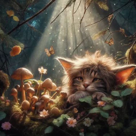 there is a cat that is laying down in the grass, fantasy matte painting，cute, hyperrealistic fantasy art, cat in the forest, 4k ...
