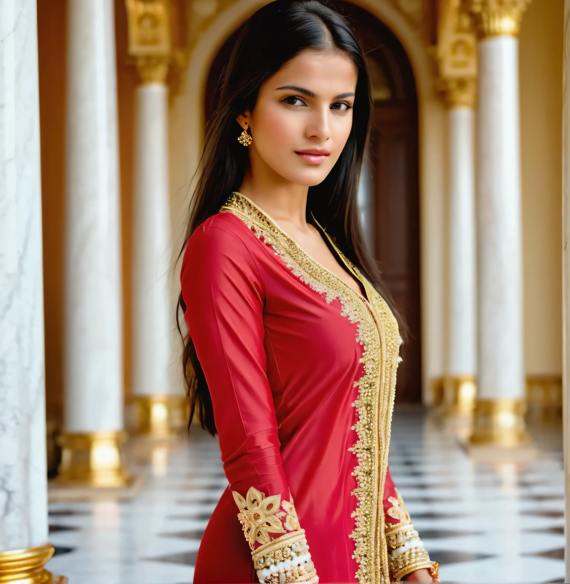 2 chicas con atuendos clásicos de la India., su atuendo está decorado con bordados dorados y cuentas, los patrones elegantes de la tela enfatizan su elegancia, en el fondo se puede ver un palacio lujoso con columnas de mármol, crear una atmósfera de lujo y grandeza, Foto, lente de formato medio, enfocarse en los detalles de las chicas&#39;Su atuendo y rostro, --con 16:9-a las 5