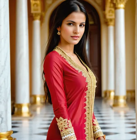 25 year old girl in classic Indian outfit., her outfit is decorated with gold embroidery and beads, graceful patterns on the fab...