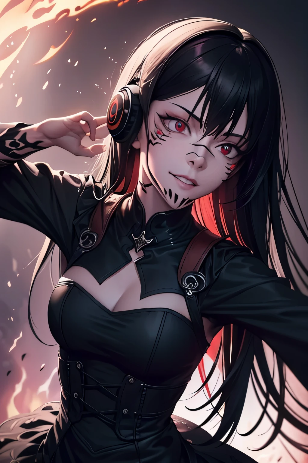 (best quality,4k,8k,highres,masterpiece:1.2),ultra-detailed,realistic,long black hair with bangs,rosy eyes,beautiful detailed lips,girl,detailed eyes,pale skin,girl with black headphones,gothic black long dress with sleeves,headphones,vivid colors,lighting emphasizing the face, sukunatattoo, evil grin, extra eyes, v-shaped eyebrows, slim, fire background, 