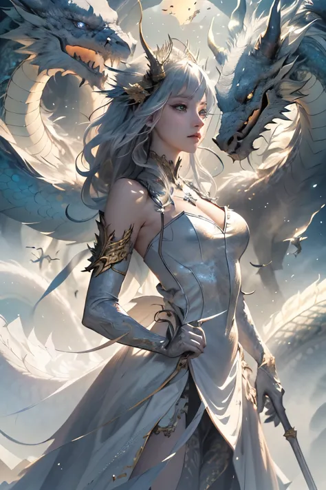 (Masterpiece, Top Quality, Best Quality, Official Art, Beautiful and Aesthetic: 1.2), (Silver female wyrm), Ultra-detailed, Shim...