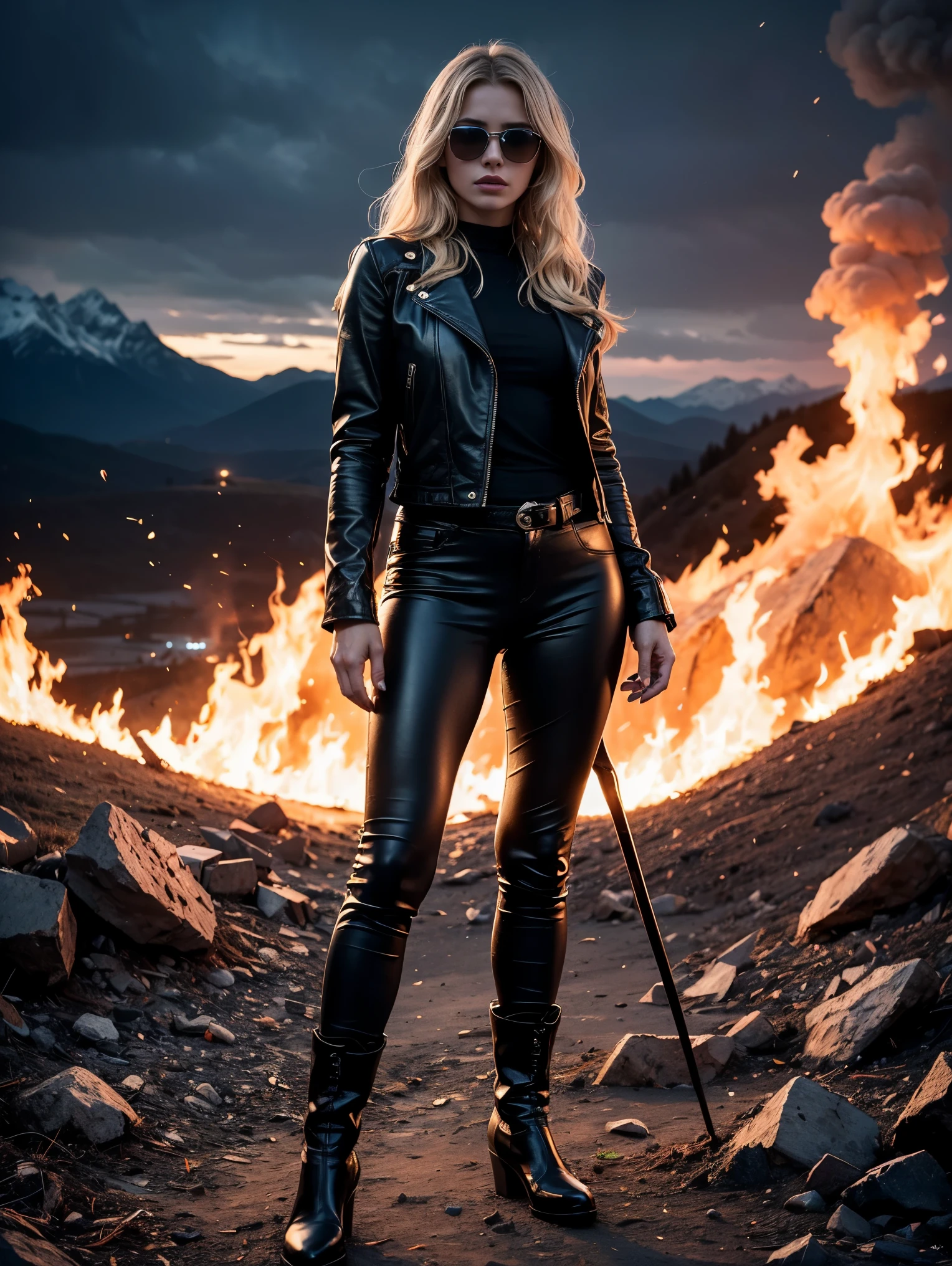 1girl, Long curly blonde hair, The eyes are green, wearing a black leather jacket, Black Leather Long Pants, Black Boots, hight resolution, Ultra-spicy, 8K, Masterpiece, looking a viewer, full-length photo, A great scene, Epic Scenes, luna, fire, warrior, mountains, hero, Black sunglasses