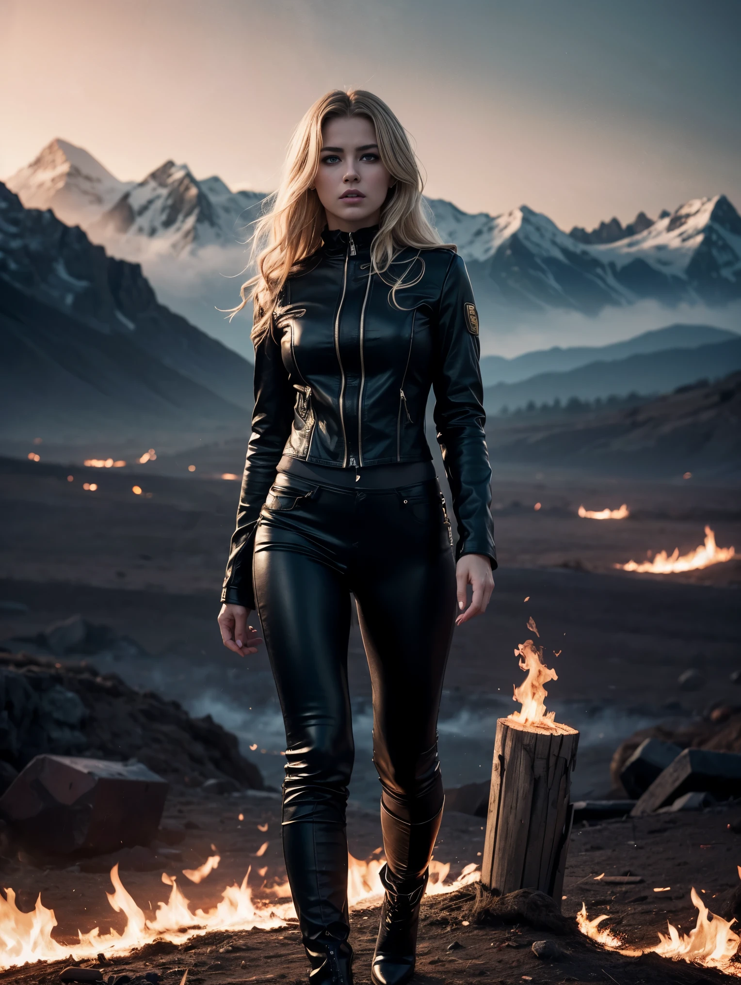 1girl, Long curly blonde hair, The eyes are green, wearing a black leather jacket, Black Leather Long Pants, Black Boots, hight resolution, Ultra-spicy, 8K, Masterpiece, looking a viewer, full-length photo, A great scene, Epic Scenes, luna, fire, warrior, mountains, hero, Black sunglasses