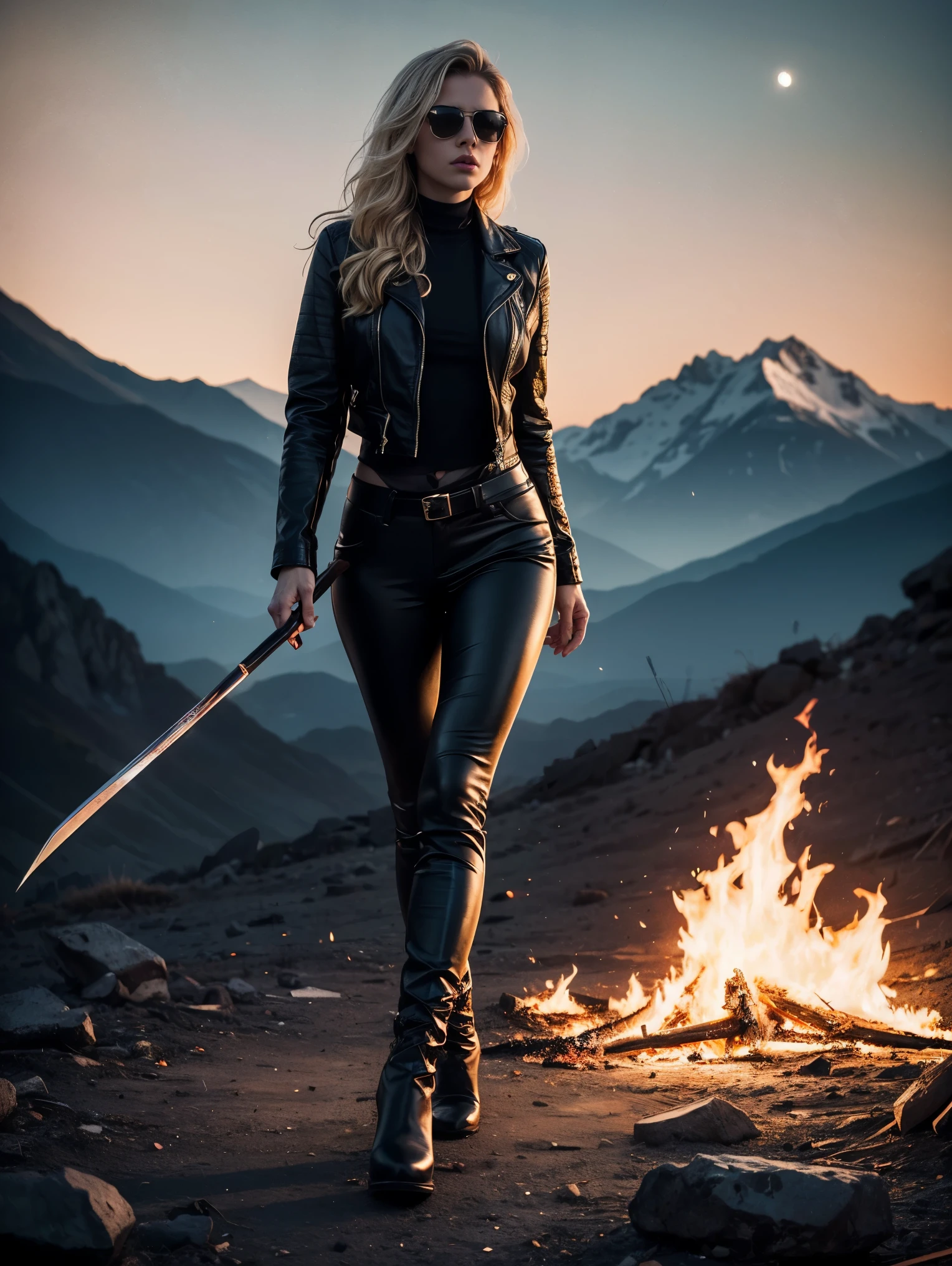 1girl, Long curly blonde hair, The eyes are green, wearing a black leather jacket, Black Leather Long Pants, Black Boots, hight resolution, Ultra-spicy, 8K, Masterpiece, looking a viewer, full-length photo, A great scene, Epic Scenes, luna, fire, warrior, mountains, hero, Black sunglasses