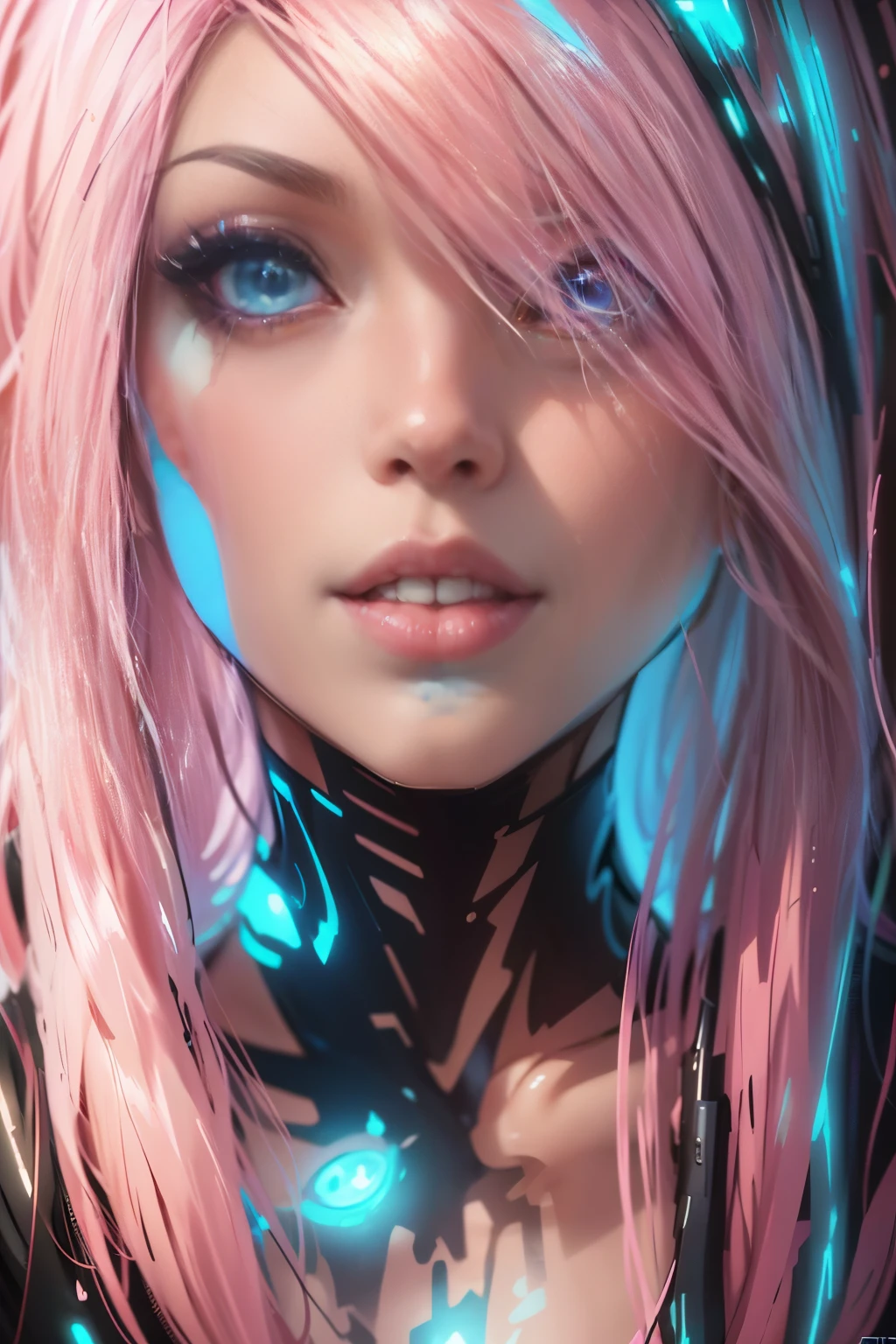 Primer plano de una mujer con cabello rosa y tatuajes., arte digital con aerógrafo, aetherpunk arte digital con aerógrafo, deviantart estación de arte cgscosiety, impresionante ilustración digital, Hermosas imágenes digitales, Retrato de una niña con una ola brillante, Beeple y Jeremías Ketner, retrato de la sociedad, magnífico arte digital, chica emo abstracta épica 3d, Ross Tran 8K