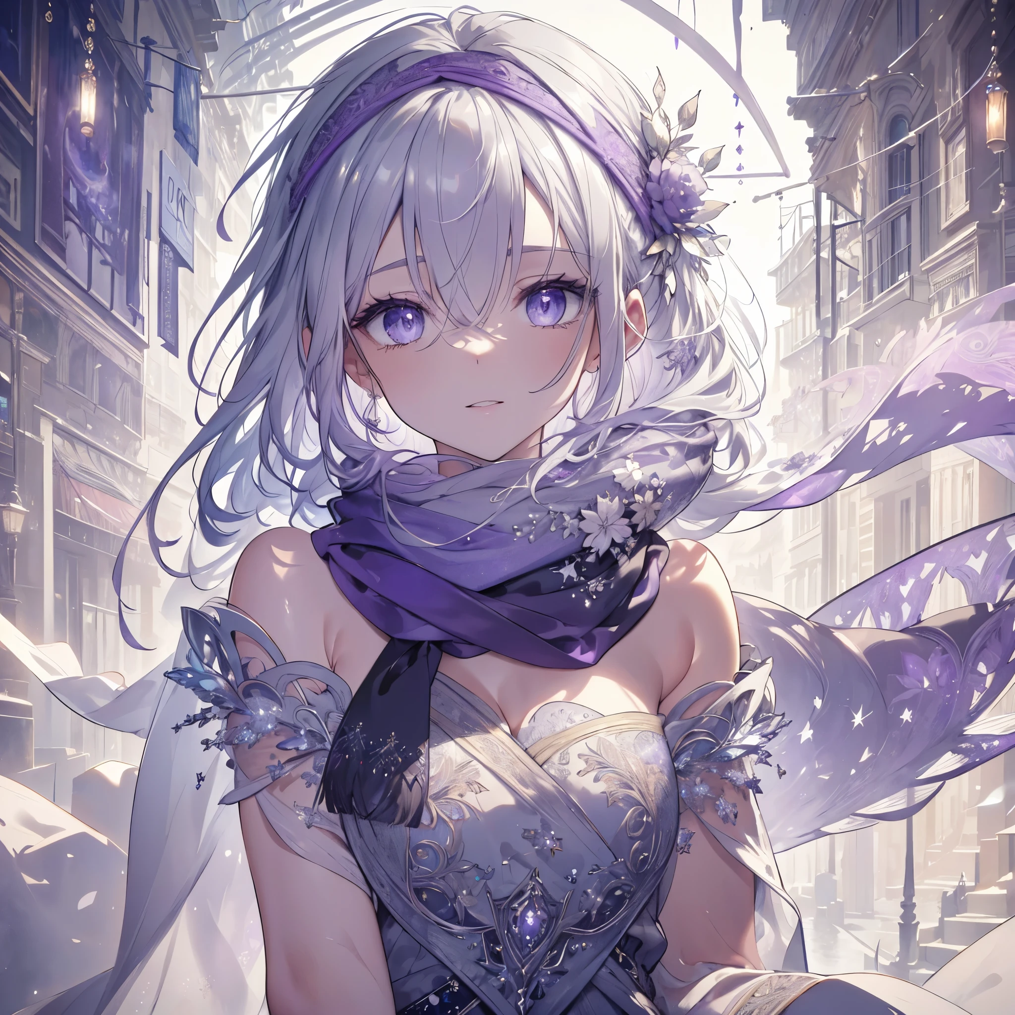 8k, wearing a scarf on the head, High definition RAW color art, Animation, Silver Marble Skin, (((Ultra detailed elegant))), Magical atmosphere, Detailed skin, Texture,(Intricately detailed, Fine detail, ultra-detail art), depth of fields, Bokeh, Silky Touch, Hyper Detail, (pastel purple), beautiful eyes, elegant face, neon downtown