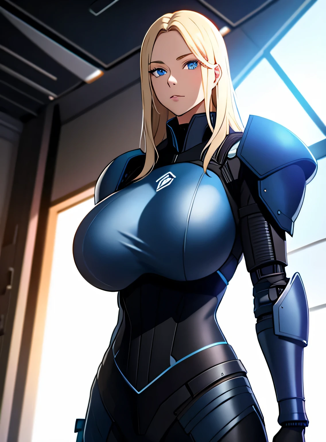 black sci-fi armor, blonde hair,  blue eyes, gigantic breasts, black pistol, solo, standing, upper body