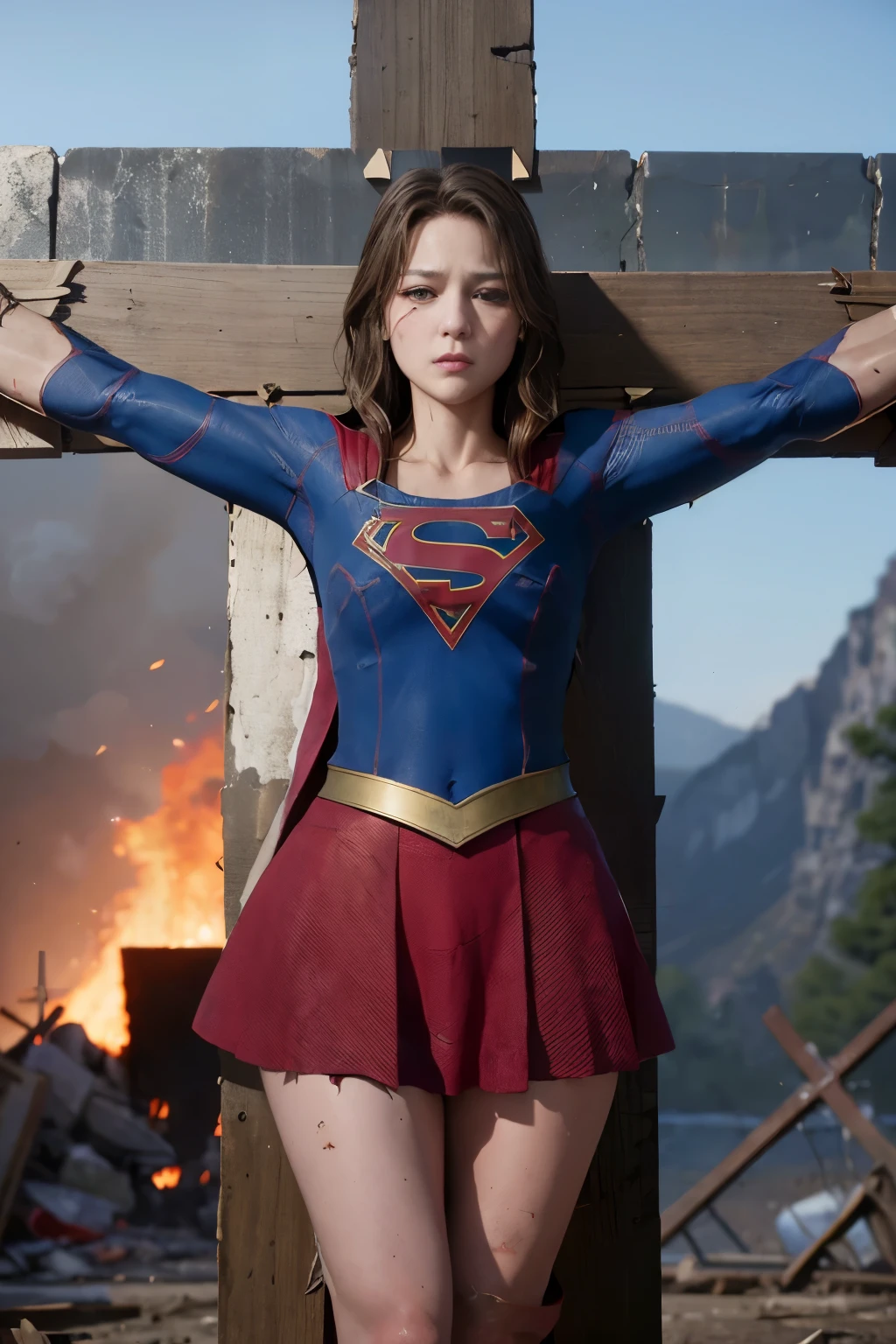 highest quality，masterpiece，uhd, Super detailed, 8k，(Beautiful woman)，(A Beautiful Woman)，((crucifixion:1.5))，((cross))，(execution)，((incontinence))，scared，torture，slave，((Woman in crucifixion at the cross：1.5)),crucifixion刑，((supergirl))，blue suit，Superman logo on chest，red skirt，((torn costume：1.5))，((Tearing of clothes：1.5))，(tattered clothes)，((bruises on body))，scars on body，injured face and body，(Bruise, dirty, torn clothes, revealing clothes, Blood:1.3)，traces of being beaten，Defeated heroine，a devastated world，ruins，abandoned building，(burning at the stake)，((roasted over fire：1.2))