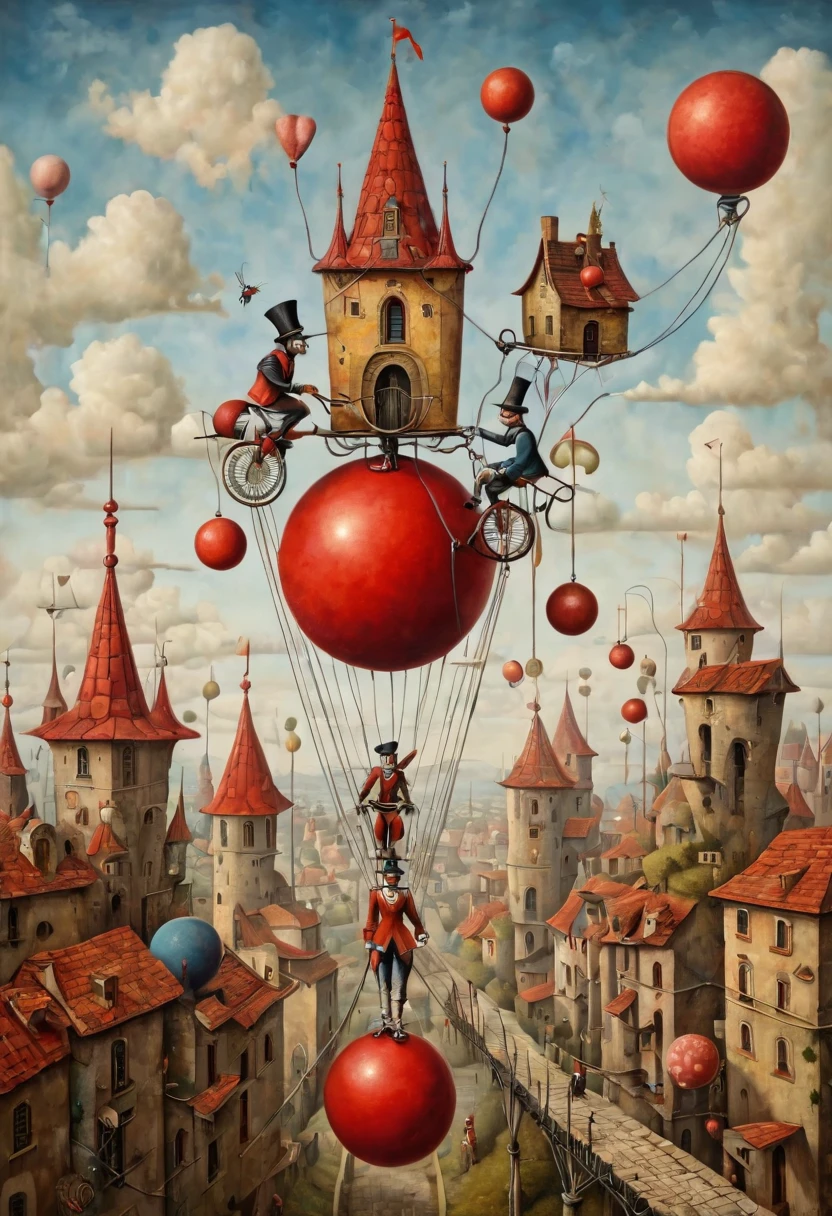 Neo surrealism, whimsical art, painting, fantasy, magical realism, bizarre art, pop surrealism, inspired by Remedios Var, Jacek Yerka and Gabriel Pacheco. Create an a  man with a top hat riding a unicycle on a wire that is placed between two towers and juggling smaller orange balls