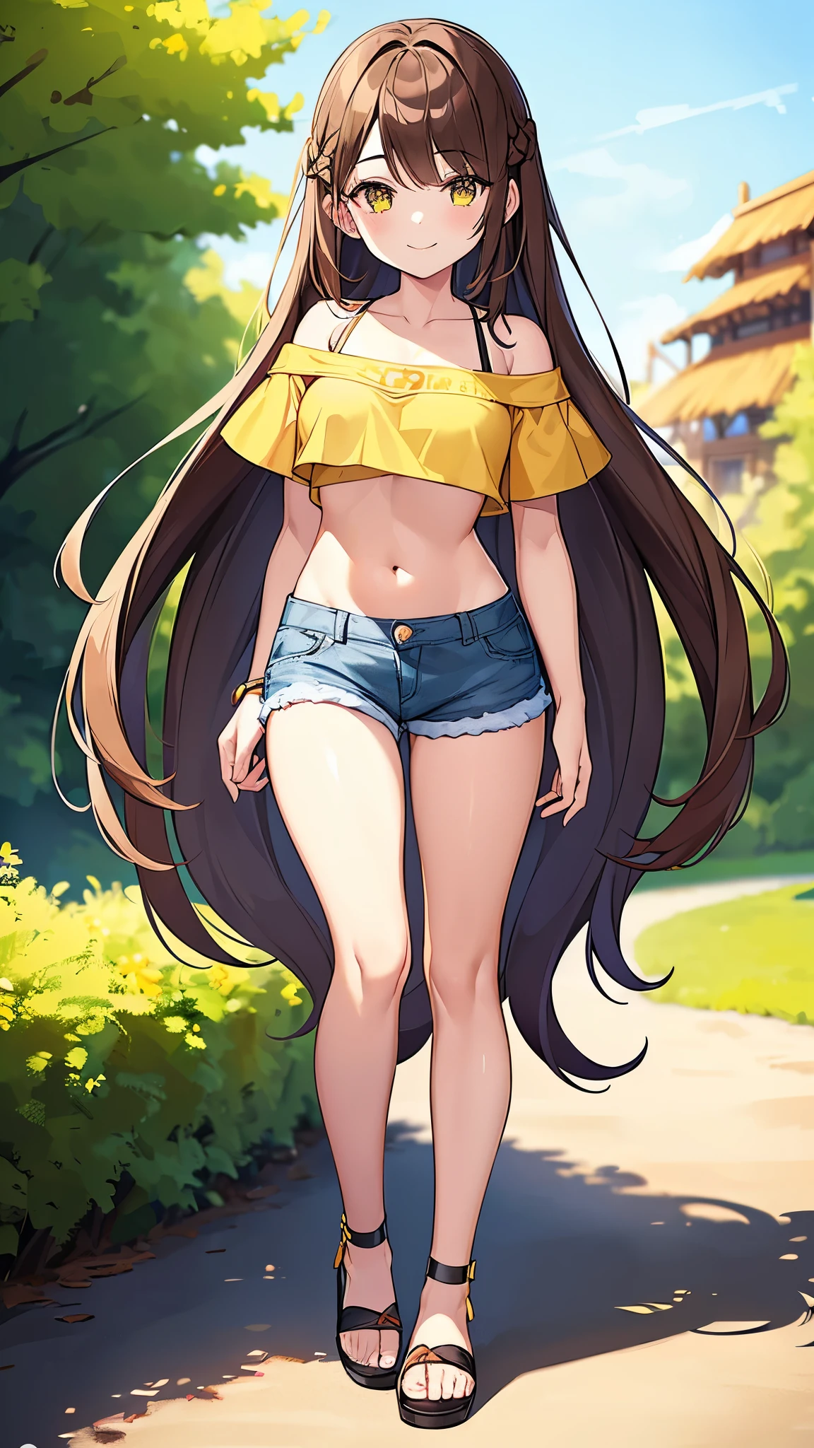 1girl, solo, breasts, long hair, navel, brown hair, looking at viewer, midriff, outdoors, cleavage, day, stomach, thighs, medium breasts, very long hair, braid, smile, beach, standing, full body, ((shoulder cutout, off-shoulder shirt, yellow shirt,denim shorts, denim, bare shoulders, off shoulder, short sleeves, shorts, shorts, shirt, crop top, sandals)),