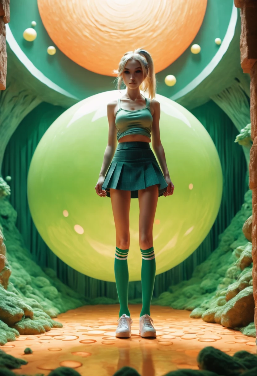 Marija, anime character, extremely skinny body shape, long legs, blonde hair with a high ponytail, mole under left eye, shoes and knee-high socks, miniskirt, tnak top, powerful, shy, submissive, the goddess of magic circles, magical powers, circles of light that emanate from his hands, action, color theme in green and orange tones with a touch of gray and brown, anime colors, fang, Surrealism, drop shadow, anaglyph, stereogram, tachi-e, pov, atmospheric perspective, 8k, super detail, ccurate, best quality