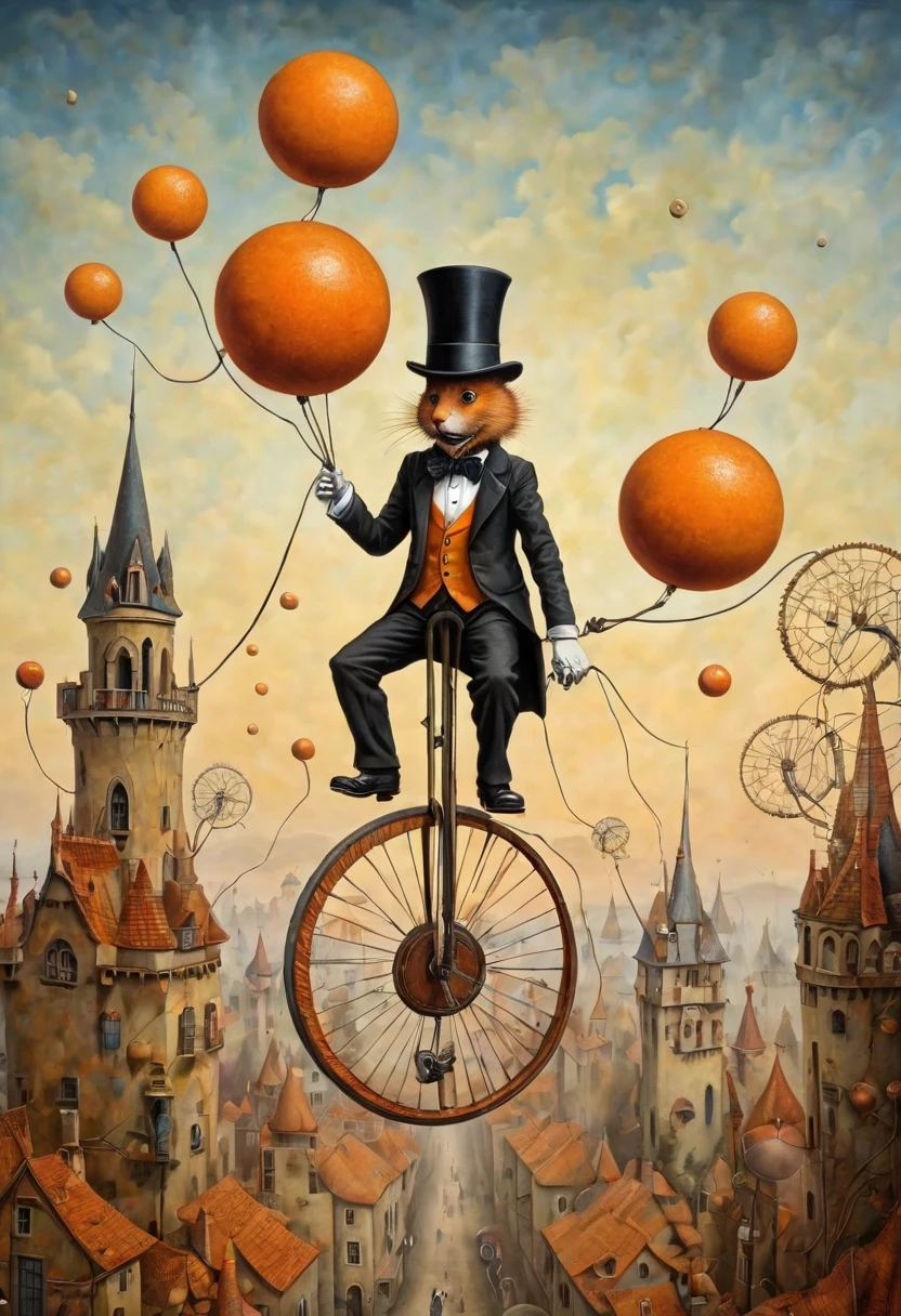 Neo surrealism, whimsical art, painting, fantasy, magical realism, bizarre art, pop surrealism, inspired by Remedios Var, Jacek Yerka and Gabriel Pacheco. Create an a  man with a top hat riding a unicycle on a wire that is placed between two towers and juggling smaller orange balls