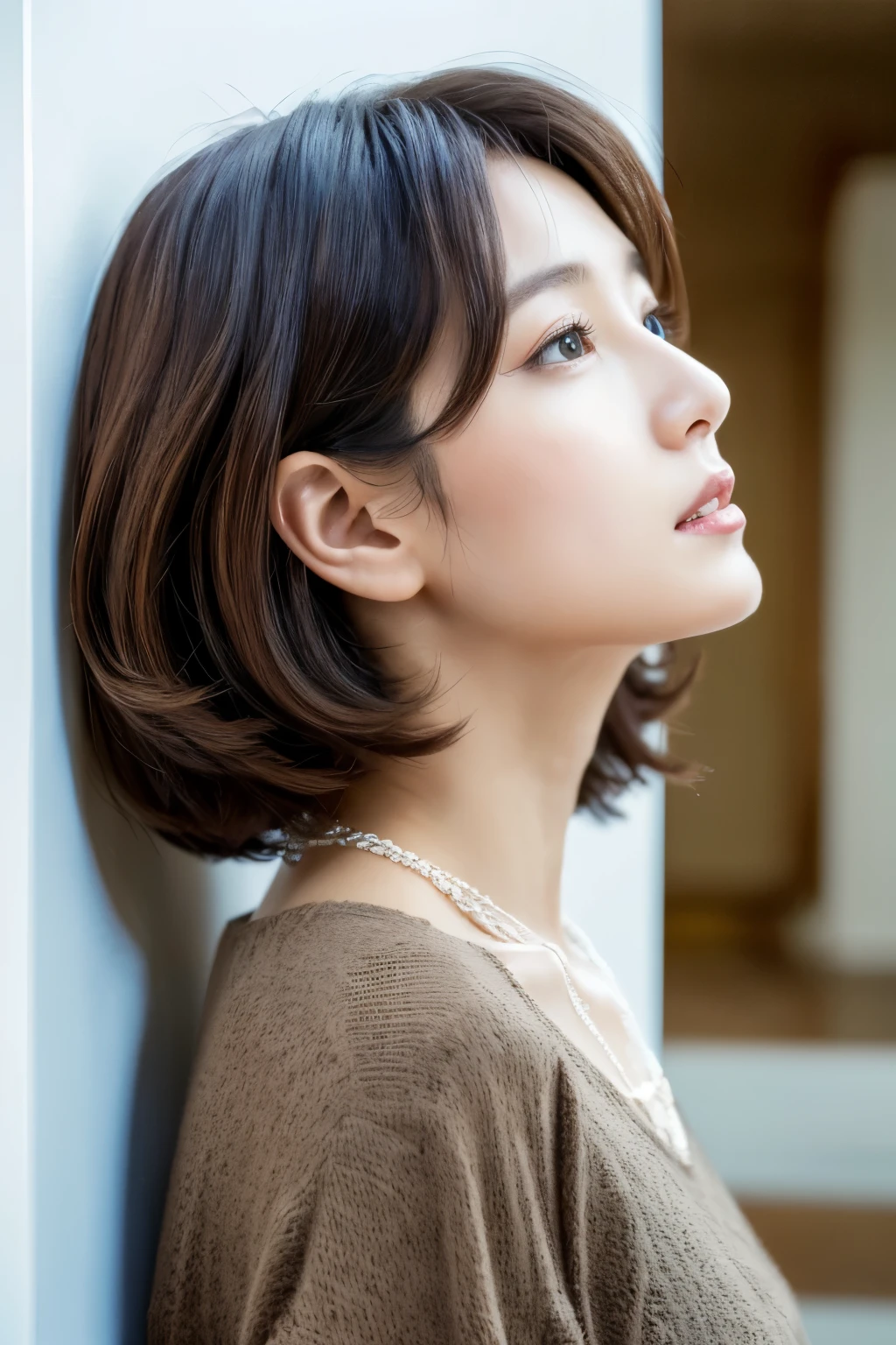 (layered haircut:1.2))、short wavy hair、8K、（Raw photo）、（最high quality）、（Photo realistic：1.4）realistic to the touch realistic、(4KHigh level image quality:1.2)、(High resolution, table top, highest quality, high detail, formal: 1.4), (realistic: 1.2, hyper realistic: 1.1, Photo realisticです: 1.37), Depth of bounds written, (Detailed explanation of hair), (Detailed description of the face), unparalleled beauty,, (35 years old,: 1.4)、I&#39;m a little depressed、white wall、Taken in front of the white door、((white wall room with window))、natural soft light、short hair、beaver hair、realistic、High level image quality、high quality、profile、Versatile poses、profile、random pose、Autumn outfit、Winter clothes、 necklace