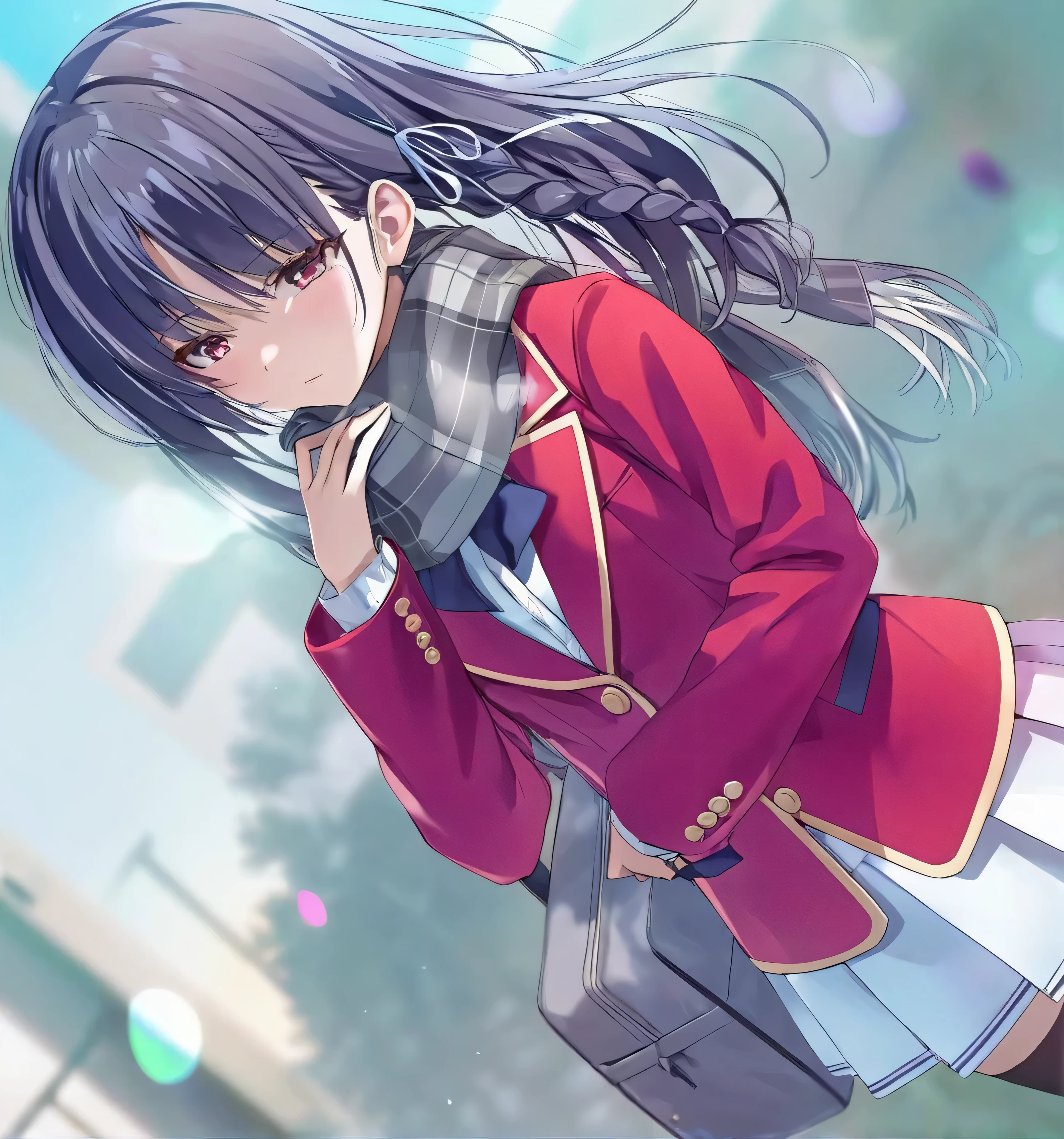 Anime girl with long hair and red jacket holding a black bag - SeaArt AI