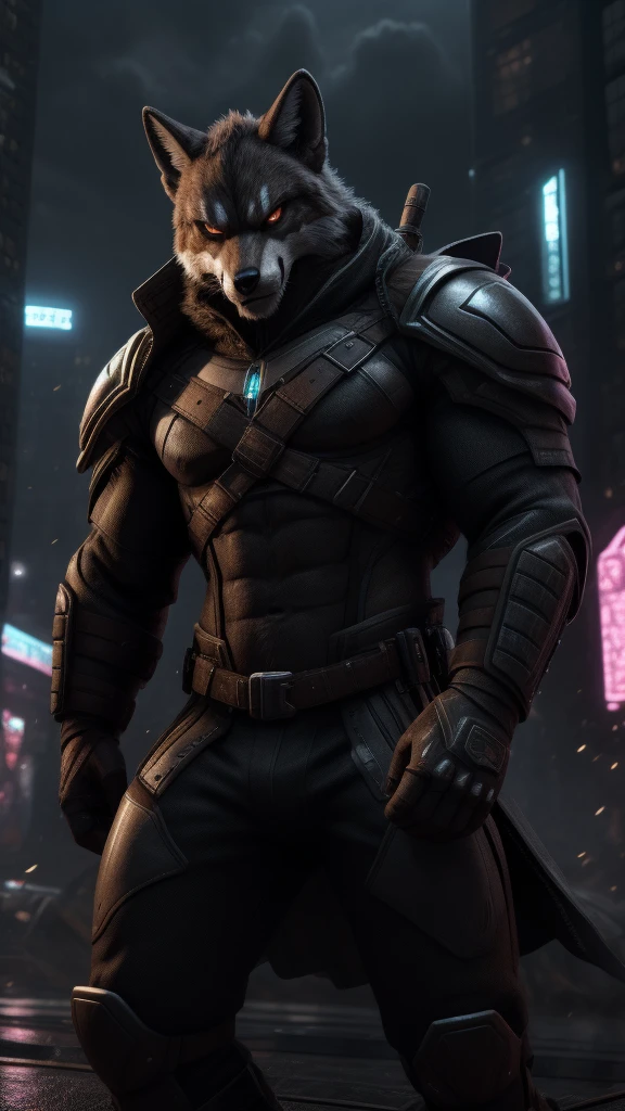 (best quality,3d render:1.2),urban warrior, fox face, muscular body, intense gaze, menacing presence, armored suit, high-tech weaponry, dystopian cityscape, atmospheric lighting, gritty and dark tones, smoky background, dynamic action pose, rugged and battle-worn, attention to fine details, realistic textures, fierce and powerful, captivating and awe-inspiring, cyberpunk aesthetic, epic and cinematic, intense shadows and highlights, futuristic elements, confident and determined expression, dominant and dominant, masterful illustration, vibrant and bold colors