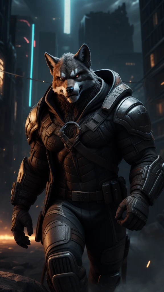 (best quality,3d render:1.2),urban warrior, fox face, muscular body, intense gaze, menacing presence, armored suit, high-tech weaponry, dystopian cityscape, atmospheric lighting, gritty and dark tones, smoky background, dynamic action pose, rugged and battle-worn, attention to fine details, realistic textures, fierce and powerful, captivating and awe-inspiring, cyberpunk aesthetic, epic and cinematic, intense shadows and highlights, futuristic elements, confident and determined expression, dominant and dominant, masterful illustration, vibrant and bold colors
