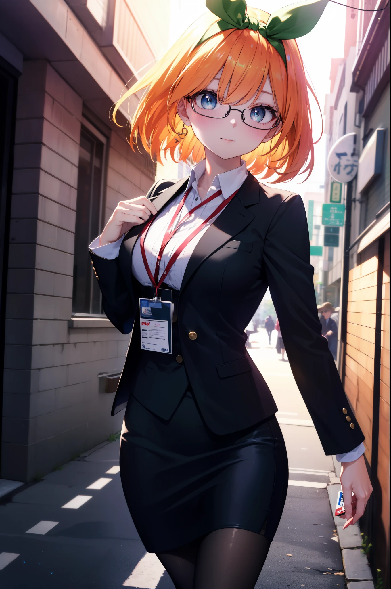 yotsubanakano, yotsuba nakano, bangs, short hair, blue eyes, hair between eyes, hair ribbon, hair band, orange hair, green ribbon,smile,blush,OL, Akabu glasses, end, black suit jacket, collared jacket, white dress shirt, collared shirt, neckline, button, strap, ID card on neck, black pencil skirt, black pantyhose,stiletto heels,sunrise,morning,The sun is rising through the gap between the buildings,walking,
break looking at viewer, (cowboy shot:1. 5)
break outdoors, In town,building street,
break (masterpiece:1.2), highest quality, High resolution, unity 8k wallpaper, (figure:0.8), (detailed and beautiful eyes:1.6), highly detailed face, perfect lighting, Very detailed CG, (perfect hands, perfect anatomy),