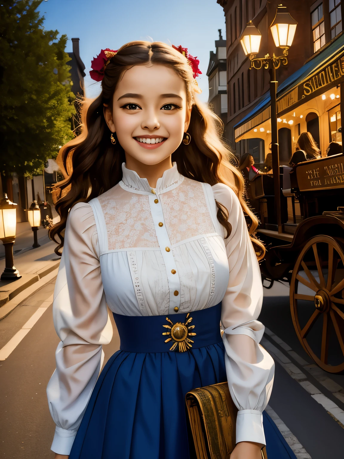 (masterpiece), best quality, expressive eyes, perfect face,a girl smiles towards the camera in a wonderful sunny day. her smile is cheerful but contained and reserved, Victorian era posing in front of a period building, night, street lights, people along the road, horse-drawn carriages, romantic atmosphere, sky with various nocturnal colors and stars.​