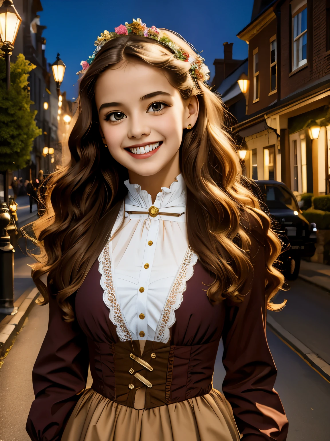 (masterpiece), best quality, expressive eyes, perfect face,a girl smiles towards the camera in a wonderful sunny day. her smile is cheerful but contained and reserved, Victorian era posing in front of a period building, night, street lights, people along the road, horse-drawn carriages, romantic atmosphere, sky with various nocturnal colors and stars.​