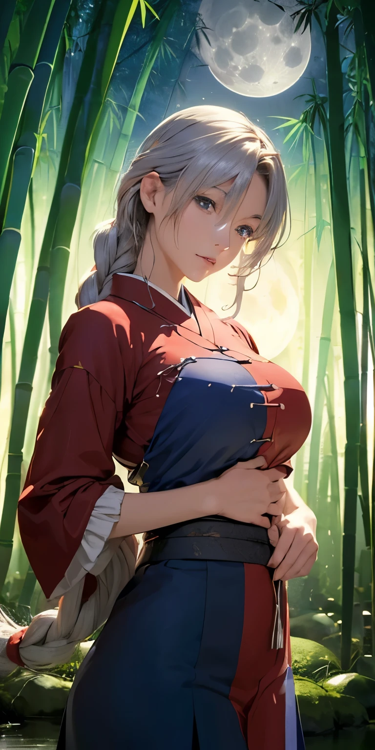 (masterpiece, best quality:1.3), (upper body:1.3), Yagokoro Eirin, Touhou Series, perfect face, expressive eyes, 1woman, looking at viewer, 38 years old, gorgeous body, big breast, beautiful, anime, lora,1woman, silver hair, braid hair, nurse cap, red and blue clothes, long skirt, (cinematic lighting, realistic, dream-like, enchanting atmosphere:1.5), (an old japanese mansion with moonlight leaking, in bamboo forest, midnight, big full moon:1.3)