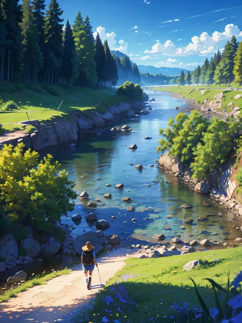 high resolution,High definition,high quality,landscape,realistic,Blue sky,along the river,Walking trail