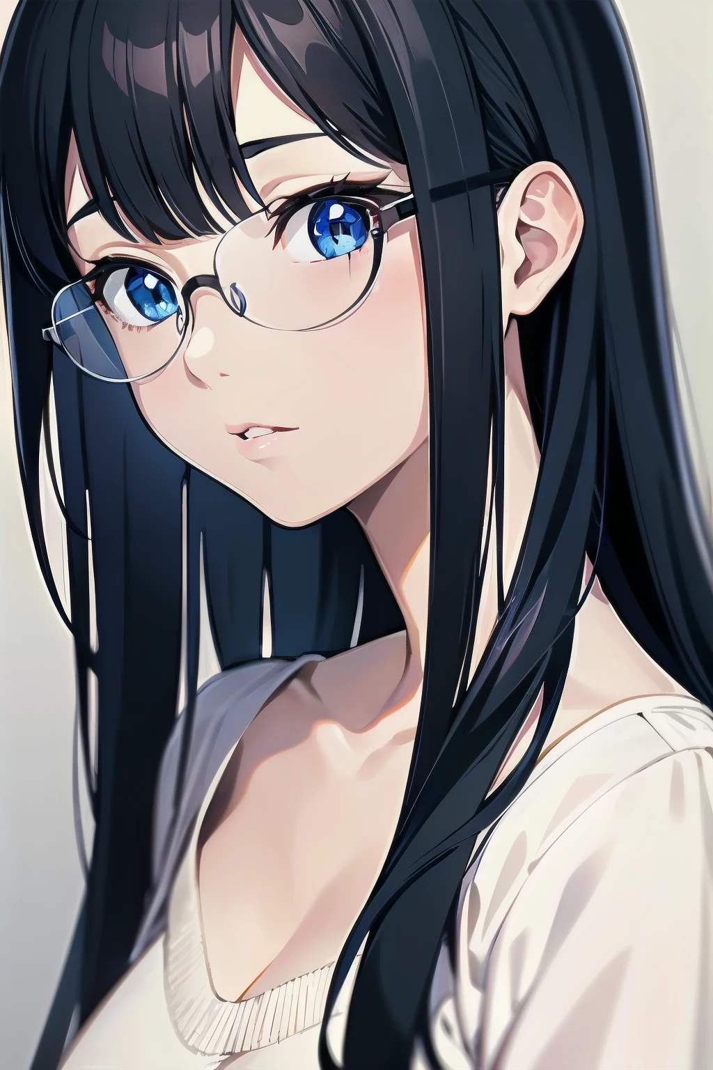 best quality, masterpiece, portrait, close up, upper body, glasses
1girl, kurihara mari, black hair, blue eyes, long hair, looking at viewer, wearing a white oversize
