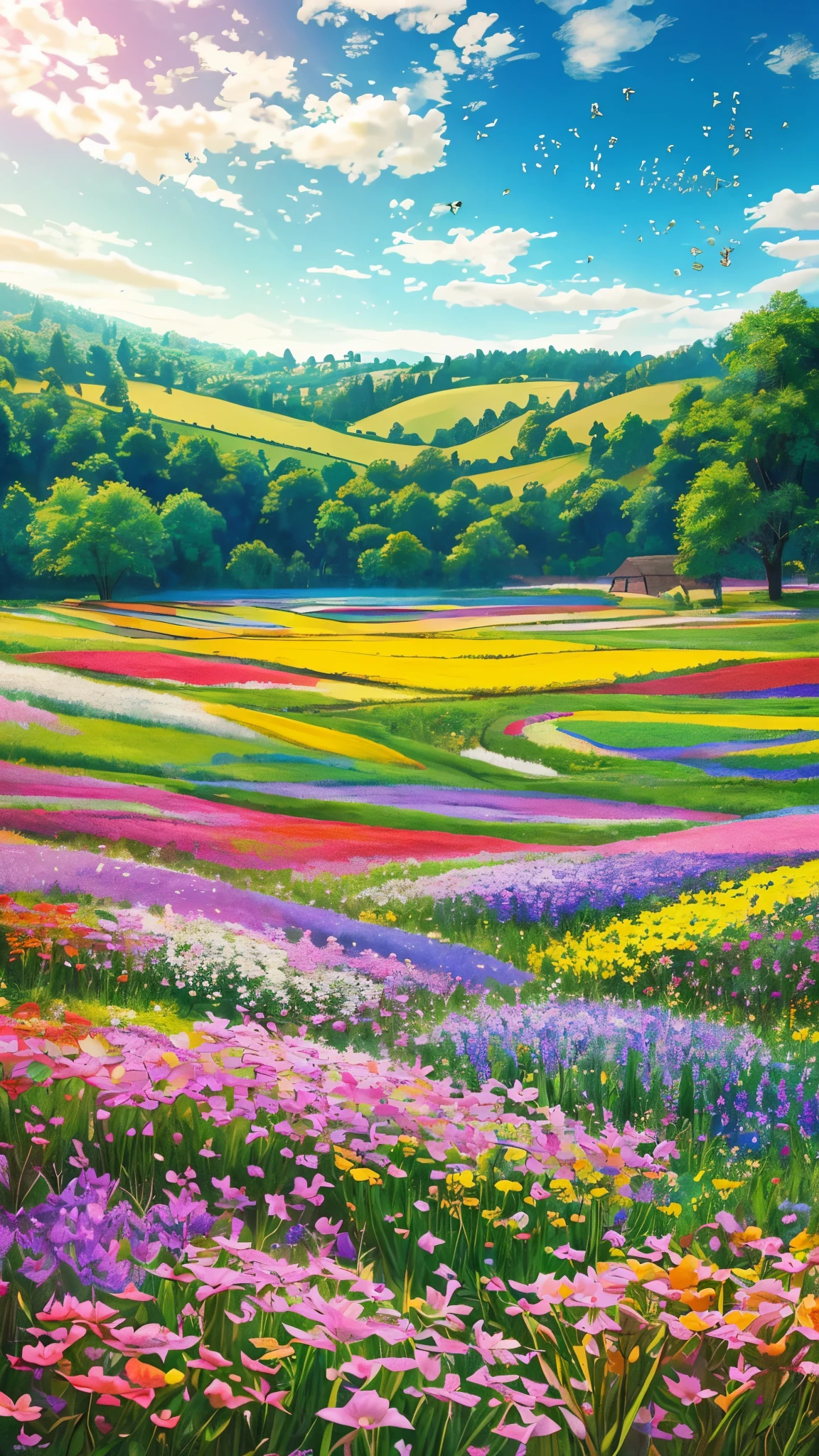 (best quality,4k,8k,highres,masterpiece:1.2),vibrantly colorful flower field,gorgeous meadow with blooming flowers,nature's beauty showcased in a vibrant landscape,lush green field dotted with colorful flowers,joyful celebration of nature's beauty,(realistic,photorealistic,photo-realistic:1.37) depiction of a picturesque flower field,splashes of color in a serene green meadow,mesmerizing floral tapestry under the blue sky,an idyllic scene of blooming flowers in a lush green countryside,vivid and detailed portrayal of a flower-filled field

[illustration,3D rendering],capturing nature's beauty with a stunning illustration,a beautifully crafted 3D rendering of a flower field,a vibrant digital artwork showcasing colorful flowers,[photography,concept artists] inspired photo-realistic portrayal of a scenic flower field,a conceptual artwork capturing the essence of a flower-filled meadow,a photographer's vision brought to life in a vibrant floral composition

lively atmosphere with bees buzzing and butterflies fluttering around,serene landscape with birds chirping and a gentle breeze rustling through the flowers,nature's symphony with the soft sound of wind passing through the field,whispers of nature as the wind gently rustles the blooms,tranquil nature scene with the sound of buzzing insects and singing birds,a lively ecosystem filled with the harmony of buzzing bees and chirping birds

vivid and vibrant colors that pop from the canvas,vibrant hues that bring the flowers to life,rich and diverse color palette showcasing the beauty of nature's creations,an explosion of colors that create a visually stunning display,an array of vibrant and contrasting colors that captivate the eye,diverse color scheme that adds depth and visual interest to the scene

soft and warm lighting that bathes the field in a golden glow,gentle sunlight casting a warm glow on the blooming flowers,natural lighting accentuating the beauty of the flower field,soft sunlight filtering through the leaves