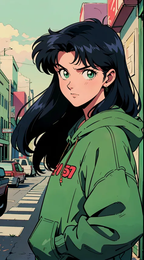 Highest image quality, 90s style anime, 21 year old girl, Misato Katsuragi Style, black hair, long hair, Light green eyes, with a loose hoodie, 90s fashion, busy street, 90s street 
