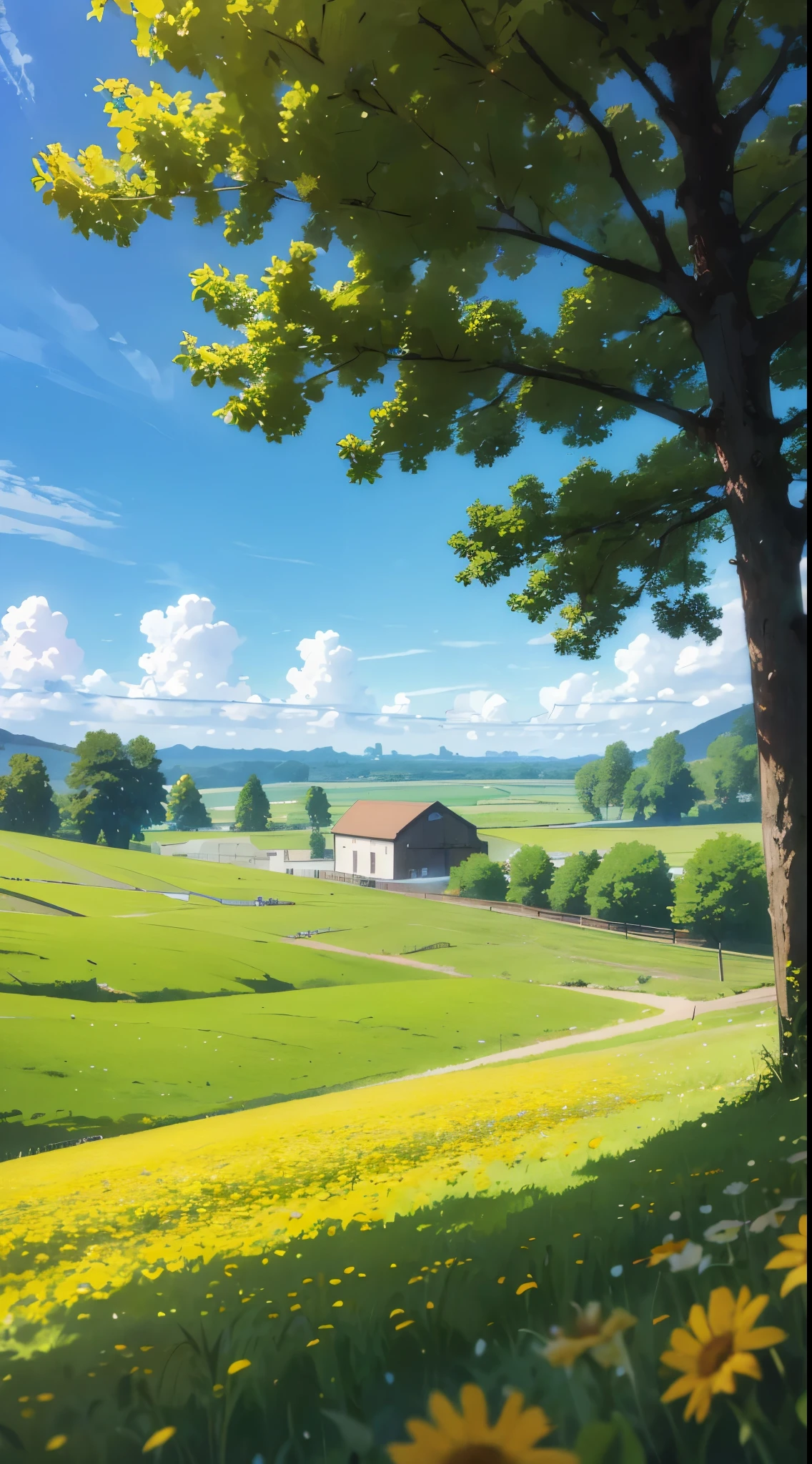 Anime scenery of a farm with a barn and a tree - SeaArt AI