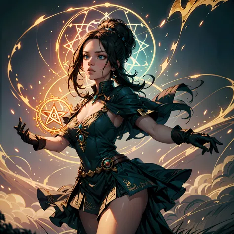 "summoning sorcery: conjuring the magic circle with a mage" | begin with a detailed depiction of a female mage: standing in a co...