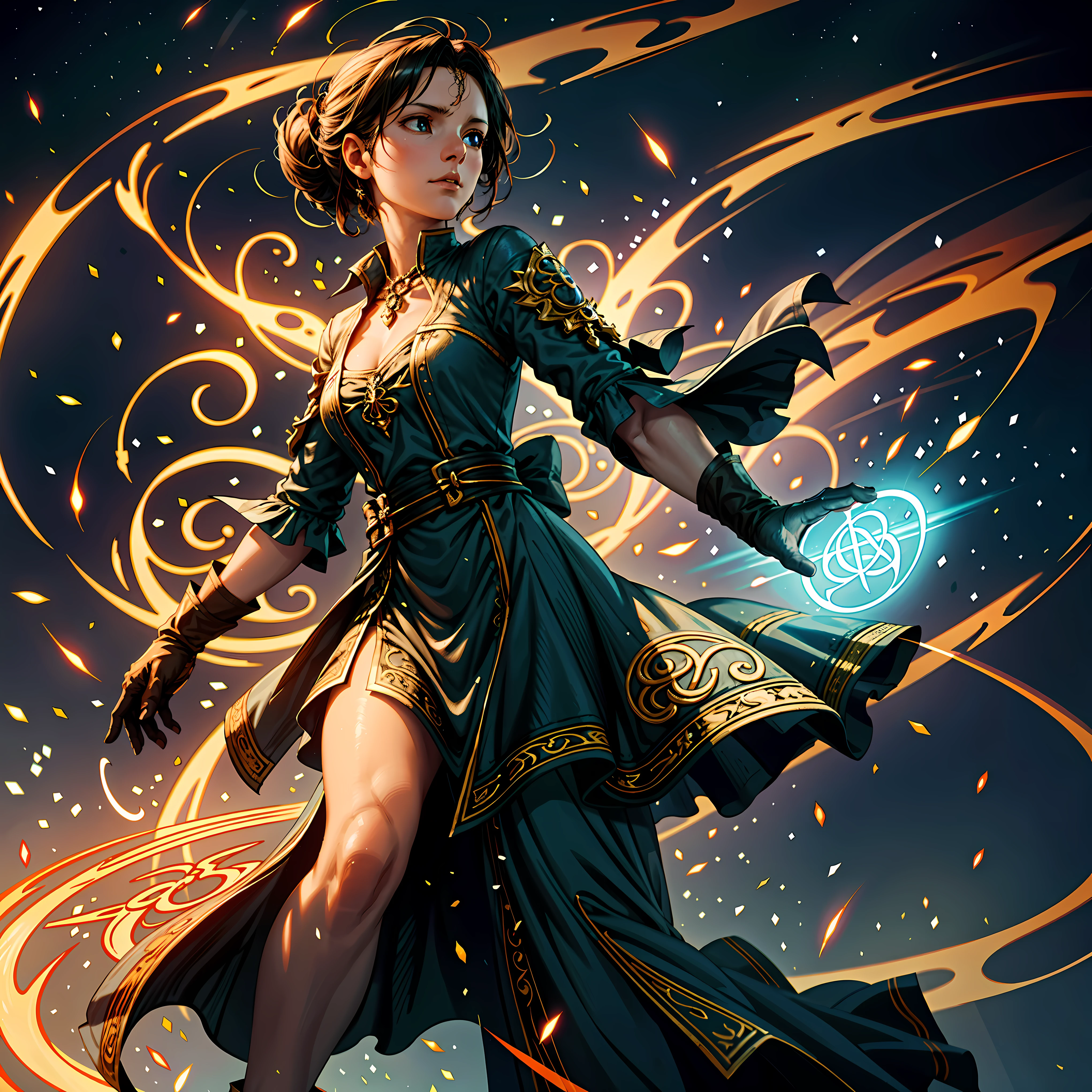 "Summoning Sorcery: Conjuring the Magic Circle with a Mage" | Begin with a detailed depiction of a female mage: standing in a confident stance, adorned in flowing robes adorned with intricate patterns and symbols. | Render the mage with realistic facial features and expressions, conveying determination and focus as she interacts with the magic circle. | Design the magic circle with precision and intricacy: symmetrical, with finely drawn runes and inscriptions encircling its perimeter. | Ensure the runes and inscriptions are legible yet mysterious, hinting at ancient languages and arcane knowledge. | Illuminate the magic circle with a soft, ethereal glow emanating from the runes, casting gentle light upon the surrounding environment. | Incorporate subtle animations within the circle, such as flickering or pulsating, to convey the dynamic energy of the magic being wielded. | Pay attention to lighting and shadows: position the mage and magic circle to interact realistically with light sources, creating depth and realism in the scene. | Surround the mage with elements of the arcane: swirling mists, crackling energy, or wisps of magical essence that complement her spellcasting. | Consider the mage's gesture and posture: outstretched hands, focused gaze, and subtle movements that indicate her control over the magic being channeled. | Integrate atmospheric effects to enhance the scene: wisps of smoke, glowing embers, or subtle distortions in the air that add to the mystique of the moment. | Maintain a balance between realism and fantasy, ensuring that the magic circle and mage are grounded in believability while still evoking a sense of wonder and enchantment. | Throughout the process, prioritize attention to detail, composition, and the portrayal of the mage's connection to the mystical energies she commands. | (perfect_pose), ((looking dreamily into the distance)), ((wearing hand gloves):1.3), (clenched fist), perfect_fingers, perfect_legs, perfect_hands, More Detail.