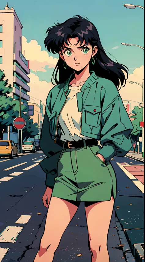 Highest image quality, 90s style anime, 21 year old girl, Misato Katsuragi Style, black hair, long hair, Light green eyes, wearing 90s fashion clothes , busy street, 90s street 