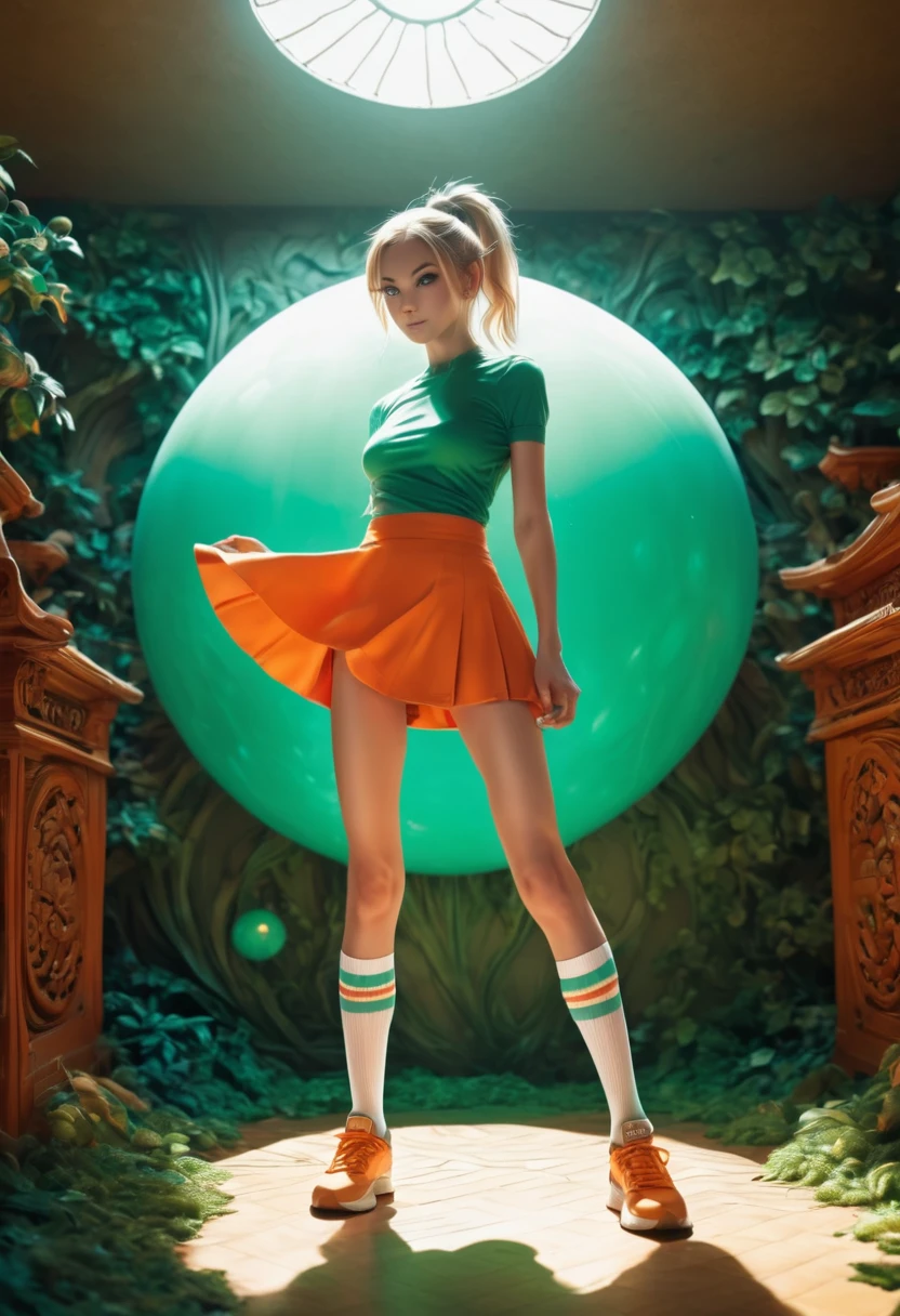 Marija, anime character, extremely skinny body shape, long legs, blonde hair with a high ponytail, mole under left eye, shoes and knee-high socks, miniskirt, tnak top, powerful, shy, submissive, the goddess of magic circles, magical powers, circles of light that emanate from his hands, action, color theme in green and orange tones with a touch of gray and brown, anime colors, fang, Surrealism, drop shadow, anaglyph, stereogram, tachi-e, pov, atmospheric perspective, 8k, super detail, ccurate, best quality