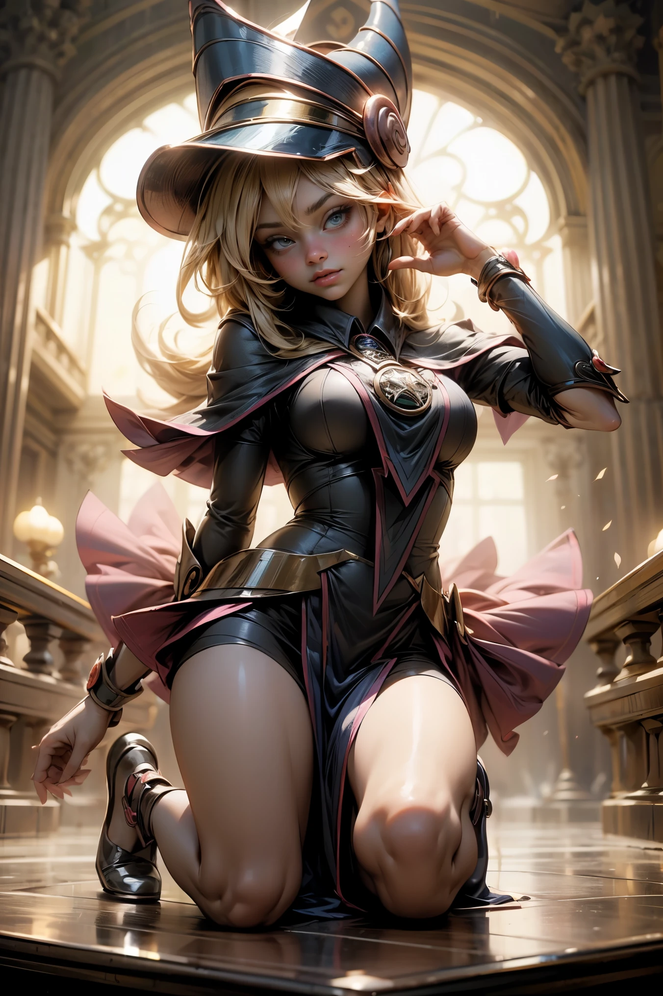 (Masterpiece:1.2), (The best quality:1.2), Perfect lighting, Dark Magician Girl casting a spell, in battle. floating in the air, visible medium tits, transparent neckline, blue robe, big hat, From above, sparkles, Yugioh game, The magic of the heart. LIGHTS OF THE HEART, Romantic heart. She wears heels. has heels. Wear heels 