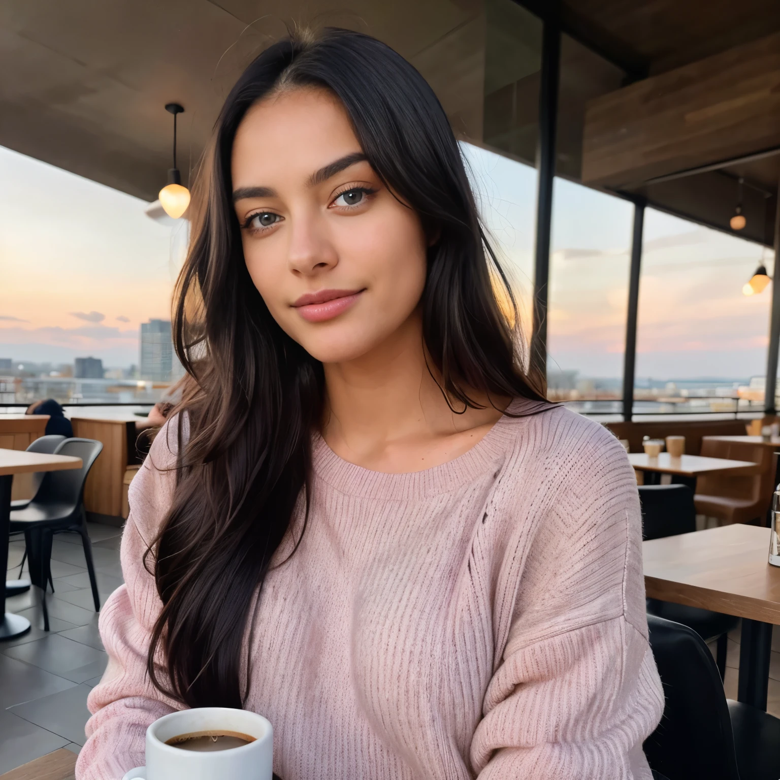 A woman sitting at a table with a cup of coffee - SeaArt AI