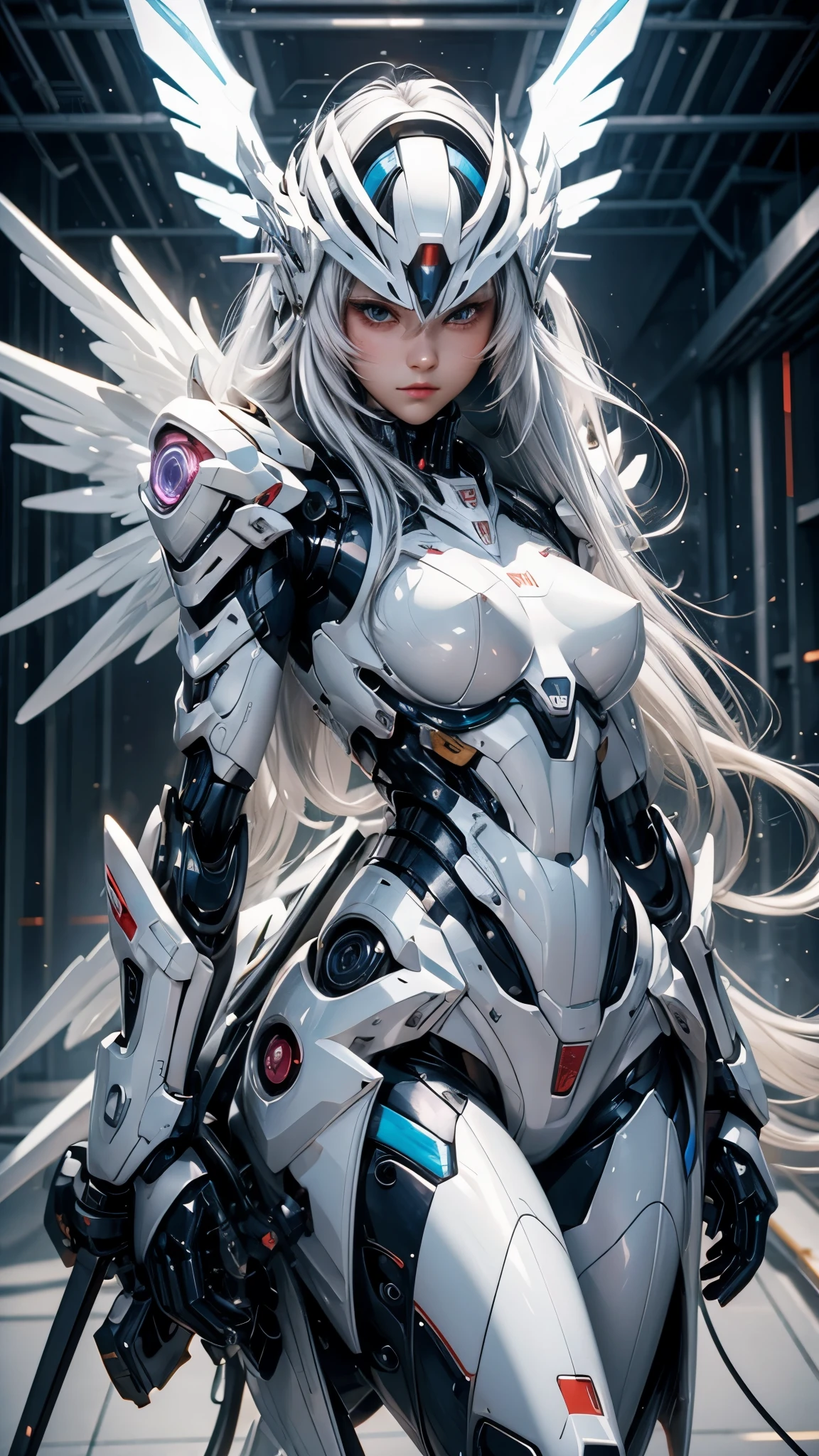 mecha, NSFW, ange, cheveux longs, cheveux flottants, Futuriste, rougir, cheveux blancs, mecha visor, regard séduisant