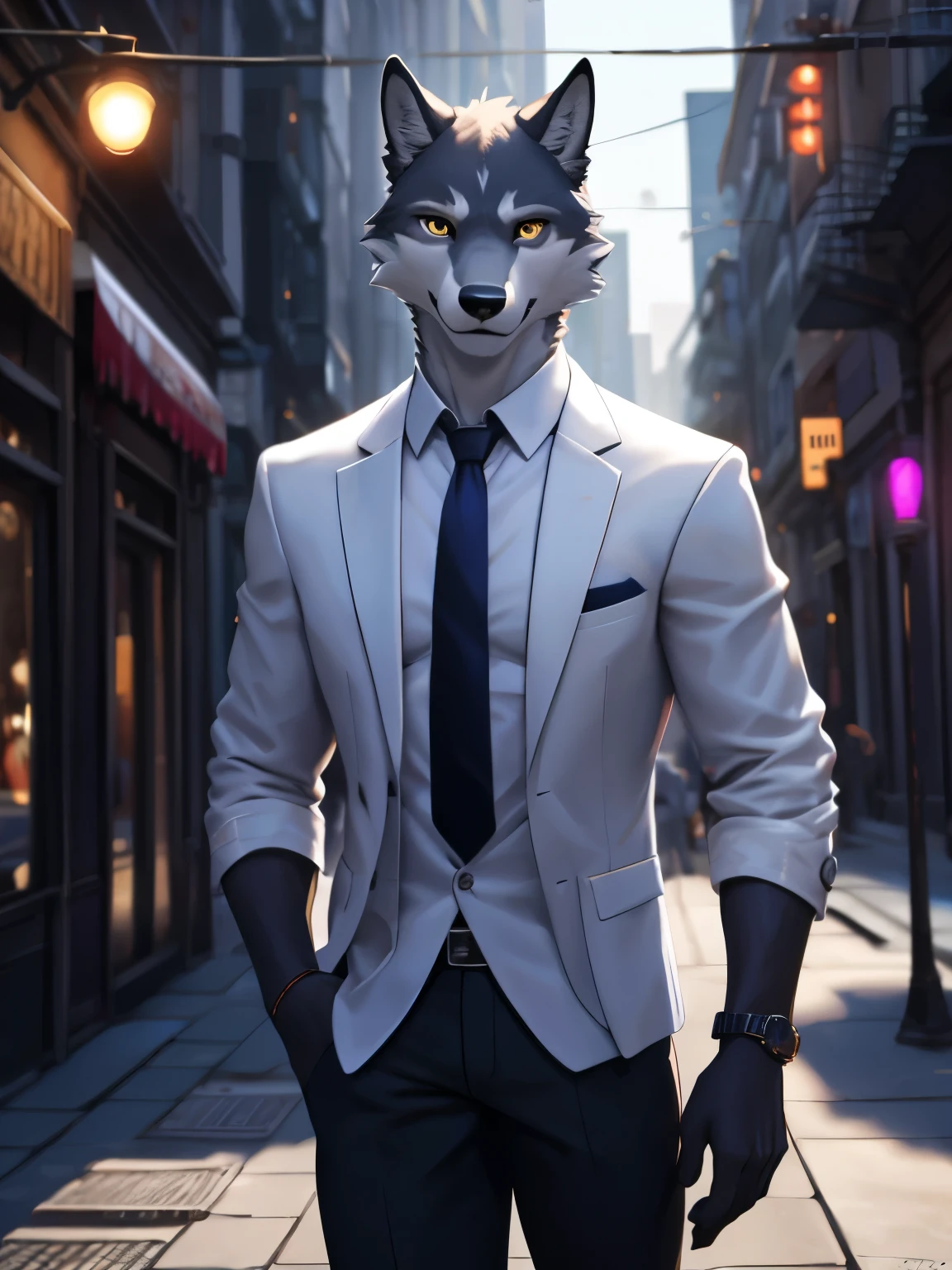 4k, ,8K, A high resolution, best quality, perfect colors, perfect shadows, perfect lighting, male, furry, Wolf anthro, White fur, solo, Yellow eyes, (Realistic eye details 1.2), In the middle of the city, Hitman wear, white suit, Red tie, Full body like, Slim body, abs, ultra detailed face, depth of field, motion blur, high details, high quality, award winning, HD, 16k, (best quality,4k,8k,highres,masterpiece:1.2),ultra-detailed,realistic:1.37,HDR,UHD,studio lighting,extreme detail description,professional,vivid colors,bokeh,lively atmosphere, natural lighting, smile, looking at viewer, (solo:1.2)