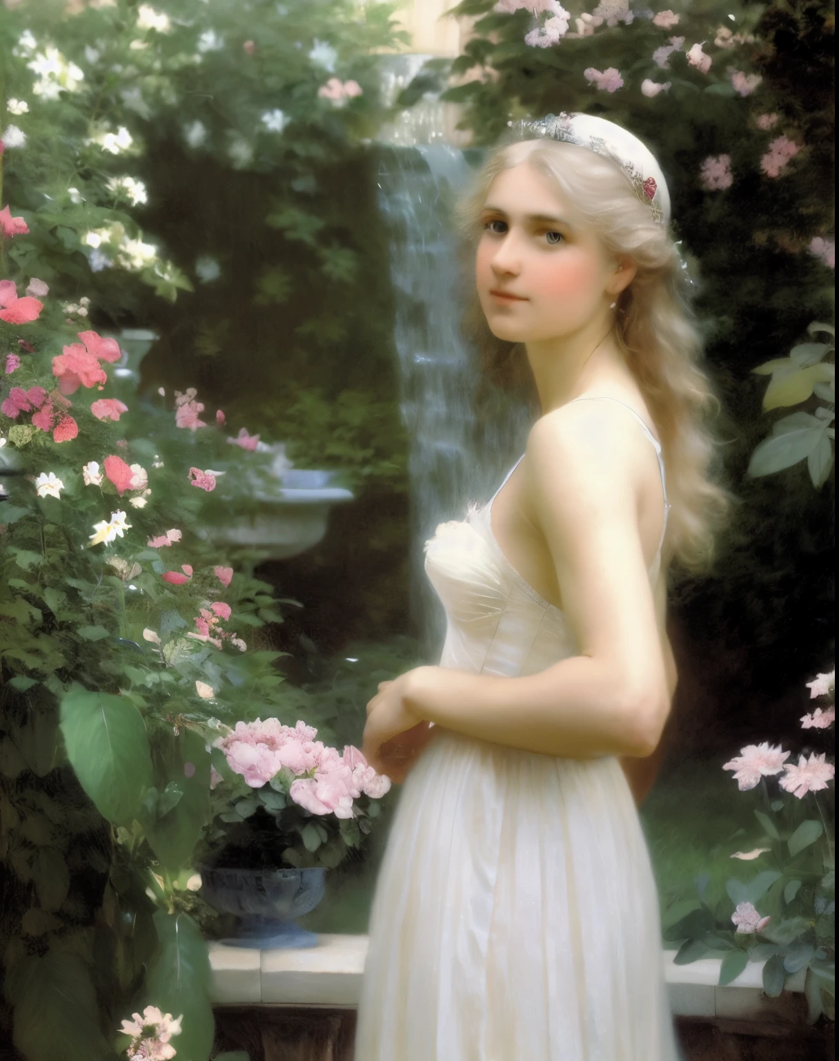 A painting by Albert Lynch, Ruan Jia, Gaston Bussiere, Alexandre Cabanel, Daniel F. Gerhartz, Jules Bastien-Lepage, Pierre Auguste Cot, Sophie Anderson, Jeremy Lipking, Thomas Lawrence, Bouguereau, Carle Van Loo, Jules Joseph Lefebvre, Roberto Ferri , 'aesthetically pleasing', exquisite, polished, refined, sophisticated, tasteful, harmonious, well proportioned, well formed, well organized, smooth, proportionate,female elf,elf princess sitting in a garden where there is a fountain