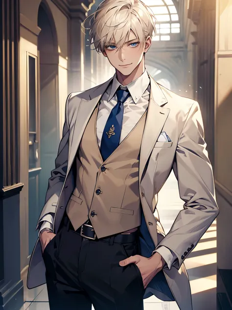 (Masterpiece, highres, best quality, finely detailed), male, smile expression facade, platinum blonde hair, short hair, White bl...