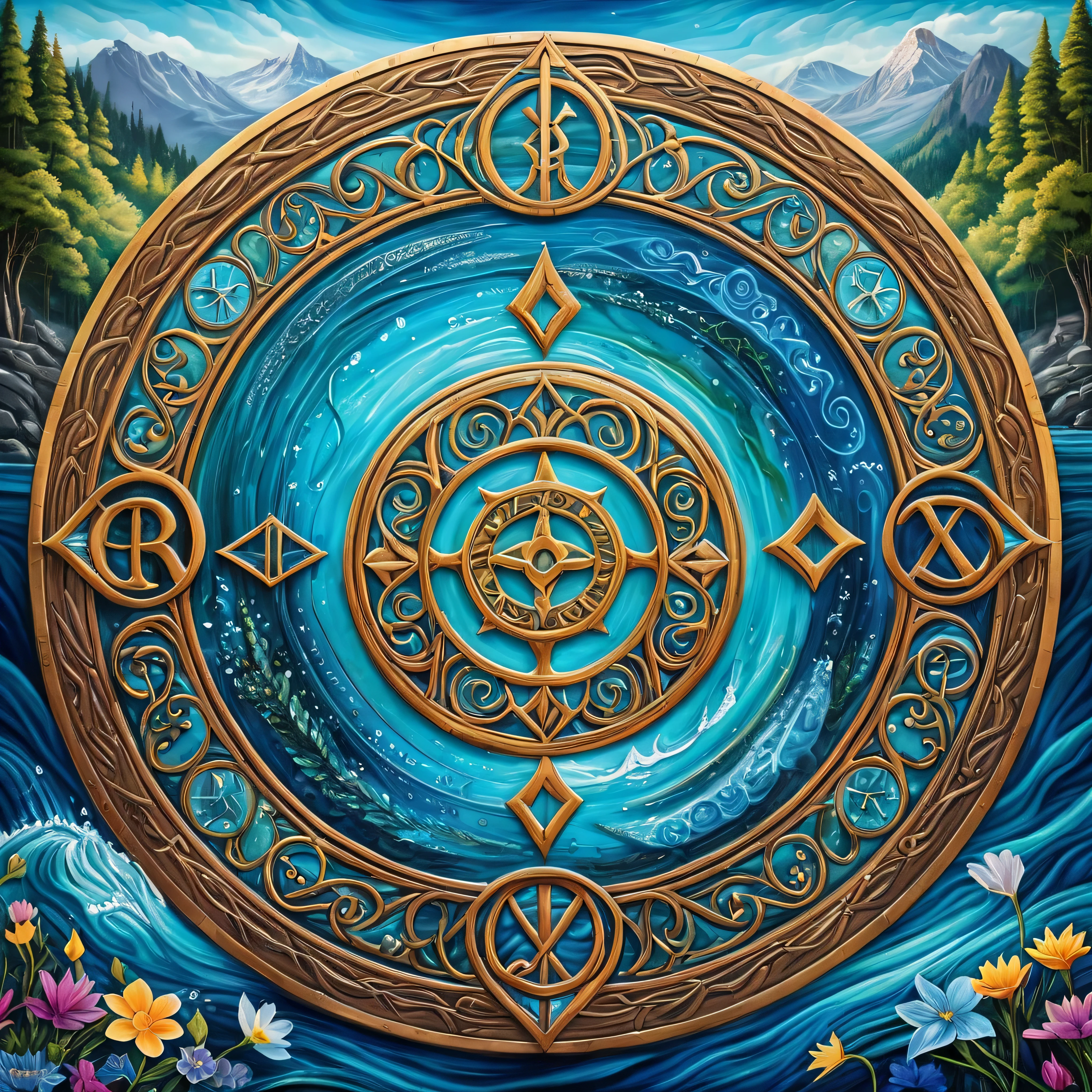 Masterpiece in maximum 16K resolution, superb quality, a stunning image featuring a ((fierce water flows) forming a magic circle with a variety of (ancient symbols and runes)), intricate details of gentle waves, in vibrant shades of blue and turquoise, fluidity and calming nature of water reflecting the surroundings, aquatic textures, serene floral meadow in the background. | ((More_Detail))
