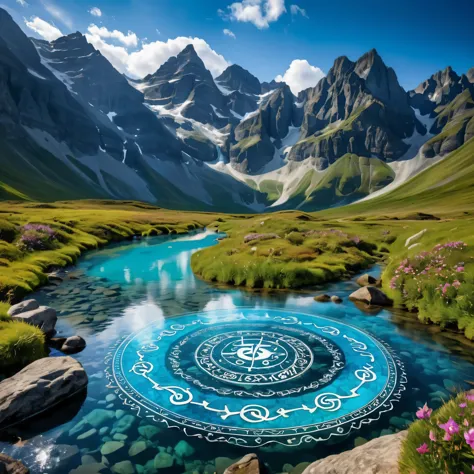 Masterpiece in maximum 16K resolution, superb quality, a stunning image featuring a ((fierce water flows) forming a magic circle...