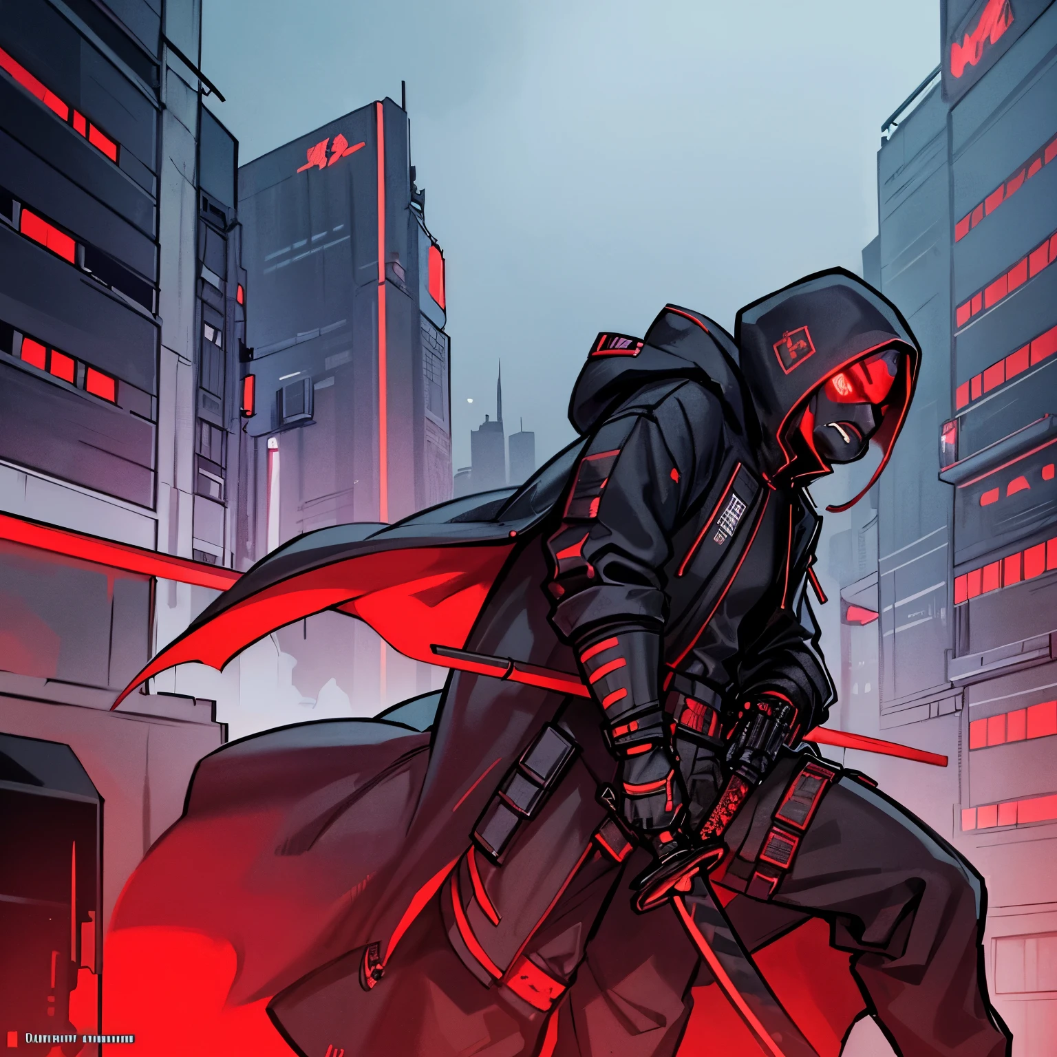 a man in a hooded jacket holding a sword standing on top of a building, cyberpunk assassin, the red ninja, cyberpunk samurai, cyberpunk dark fantasy art, ominous assassin, very beautiful cyberpunk samurai, cyberpunk hero, cyborg ninja, mystic ninja, red glowing eyes, with red glowing eyes, dark cyberpunk, dark cyberpunk illustration, urban samurai, portrait of ninja slayer