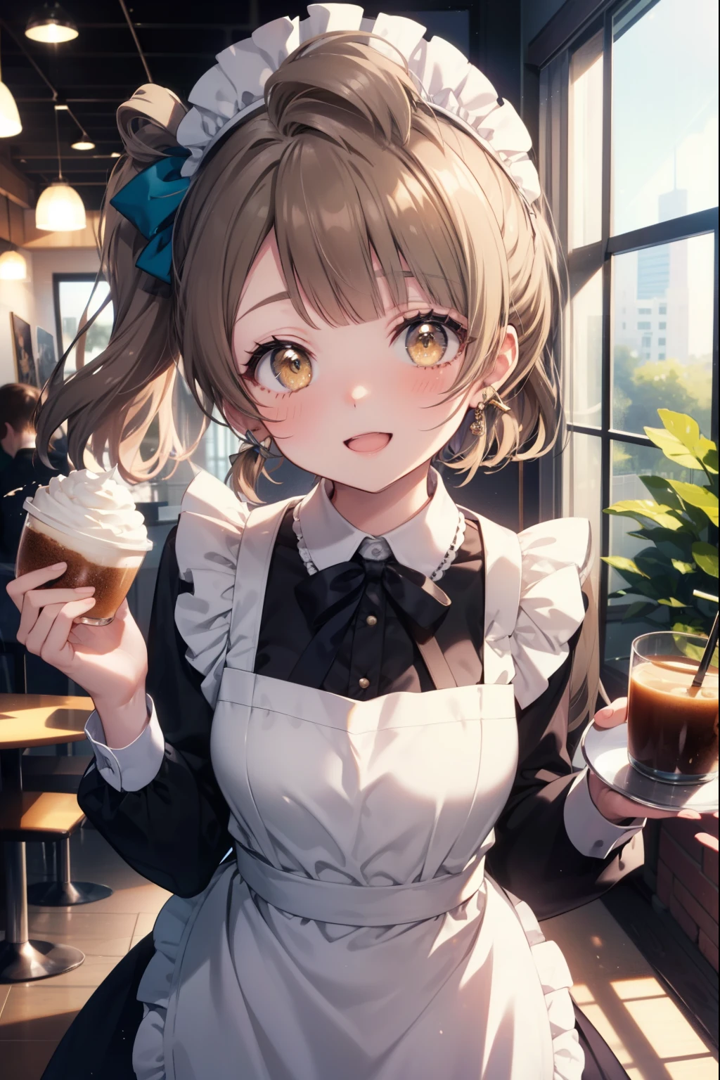 Kotori Minami, kotori minami, brown hair, (brown eyes:1.5), one side up,open your mouth,smile,blush, hair ribbon, ribbon, long hair,
headdress, dress, apron, looking at the viewer, short hair, clavicle, cute, smile, open your mouth, alone, long sleeve, indoor, Cafe, remainder, food, drink, table and chairs, cleaning, tray, tray in one hand
break looking at viewer,
break indoors, coffee shop, 
break (masterpiece:1.2), highest quality, High resolution, unity 8k wallpaper, (figure:0.8), (detailed and beautiful eyes:1.6), highly detailed face, perfect lighting, Very detailed CG, (perfect hands, perfect anatomy),