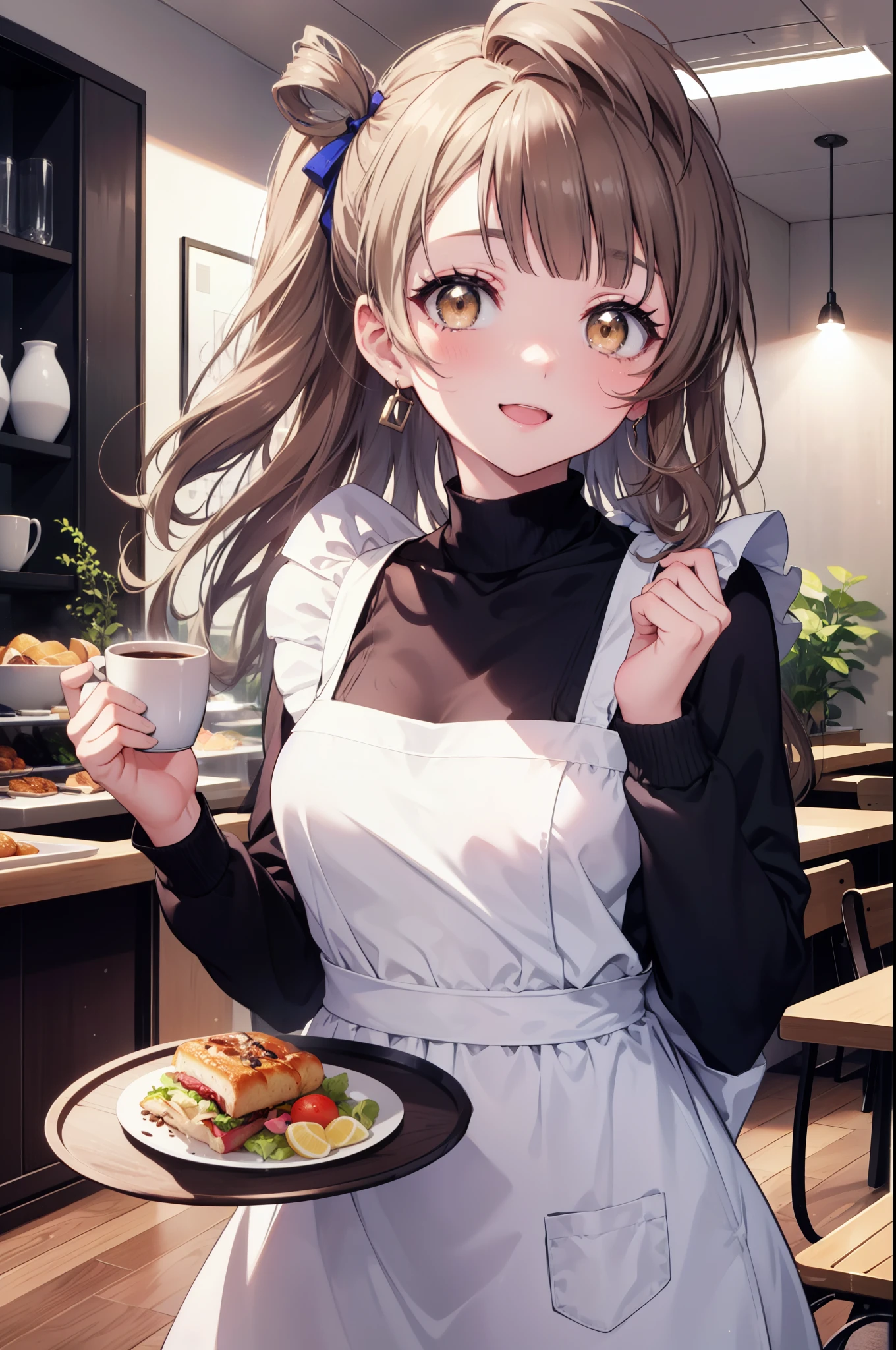 Kotori Minami, kotori minami, brown hair, (brown eyes:1.5),,one side up,open your mouth,smile,blush, hair ribbon, ribbon, long hair,headdress, dress, apron, looking at the viewer, clavicle, cute, smile, open your mouth, alone, long sleeve, indoor, Cafe, remainder, food, drink, table and chairs, cleaning, tray, tray in one hand
break looking at viewer,
break indoors, coffee shop, 
break (masterpiece:1.2), highest quality, High resolution, unity 8k wallpaper, (figure:0.8), (detailed and beautiful eyes:1.6), highly detailed face, perfect lighting, Very detailed CG, (perfect hands, perfect anatomy),